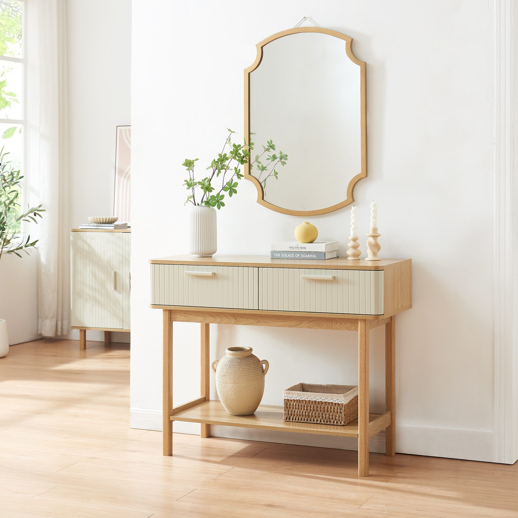 en.casa Konsolentisch, »Ferrersp« mit 2 Schubladen 100x40x80 cm Eicheoptik/Sandfarben