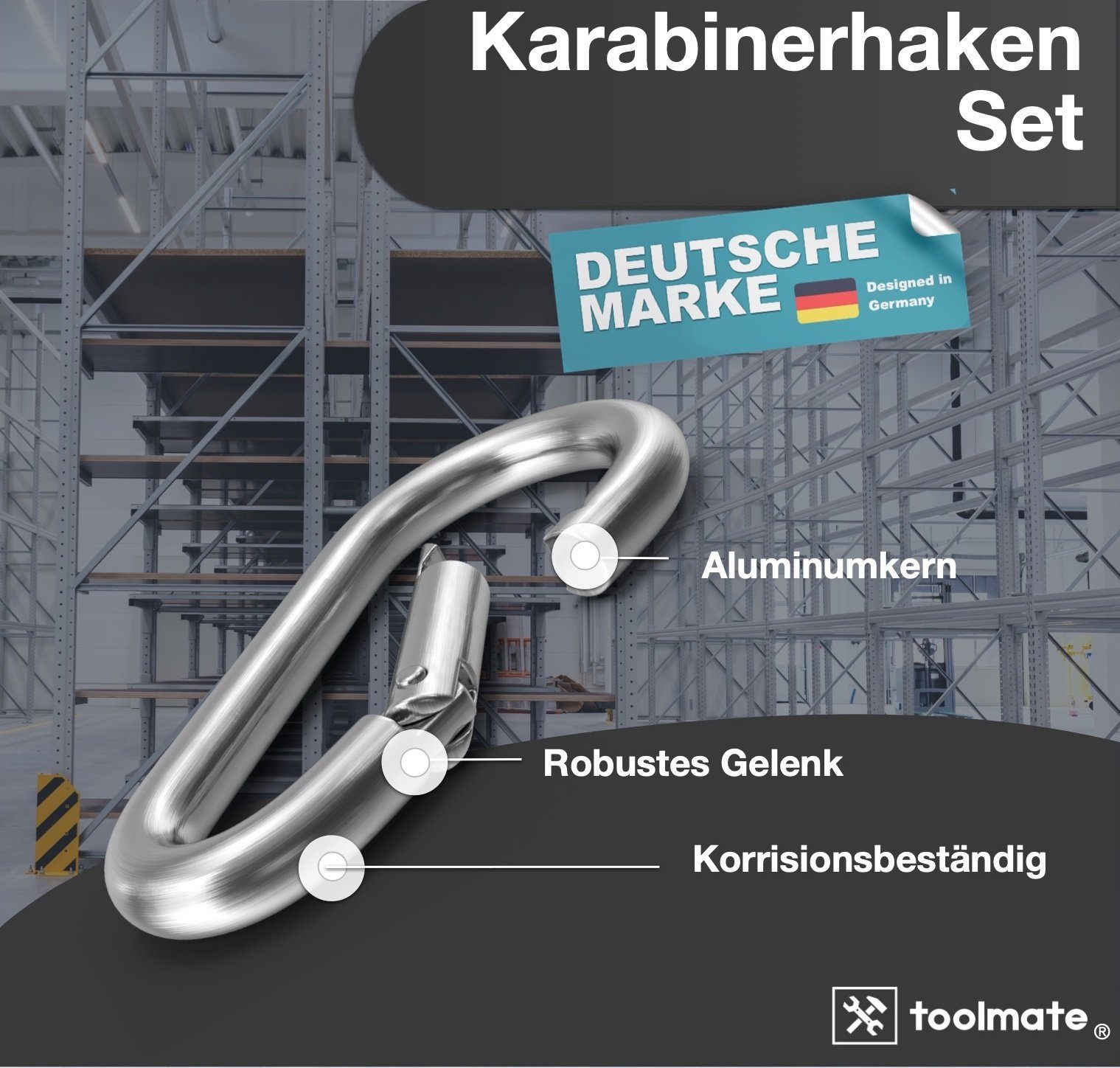 toolmate® Karabiner 12x Karabinerhaken 55 mm - Schnapphaken Karabiner aus Aluminium, (12er Set, 12 St., 12-teilig)