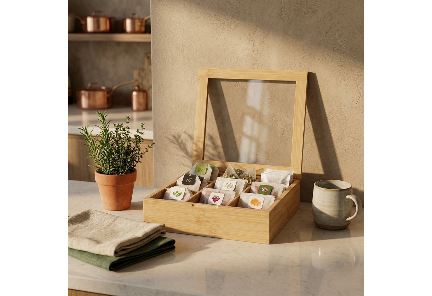 AROMELIO Aufbewahrungsbox Tee-Aufbewahrungsbox NOVE aus Bambus, 9 Fächer