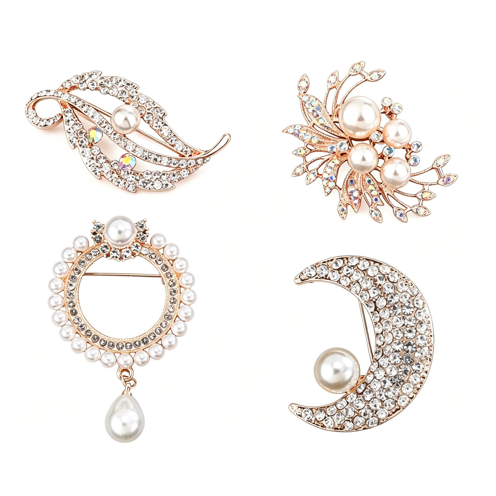 MOPUEA Brosche Brosche Glänzend Strass Elegant Perle Damen Vielseitig Einsetzbar 4pcs (4er Broschen-Set mit Perlen und Kristallen für elegante Outfits Damen, Vier Broschen mit Perlen, Kristallen und stabilen Nadeln im Set), Funkelnd, robust, vielseitig, mit stabiler Nadel gegen offene Kleidung