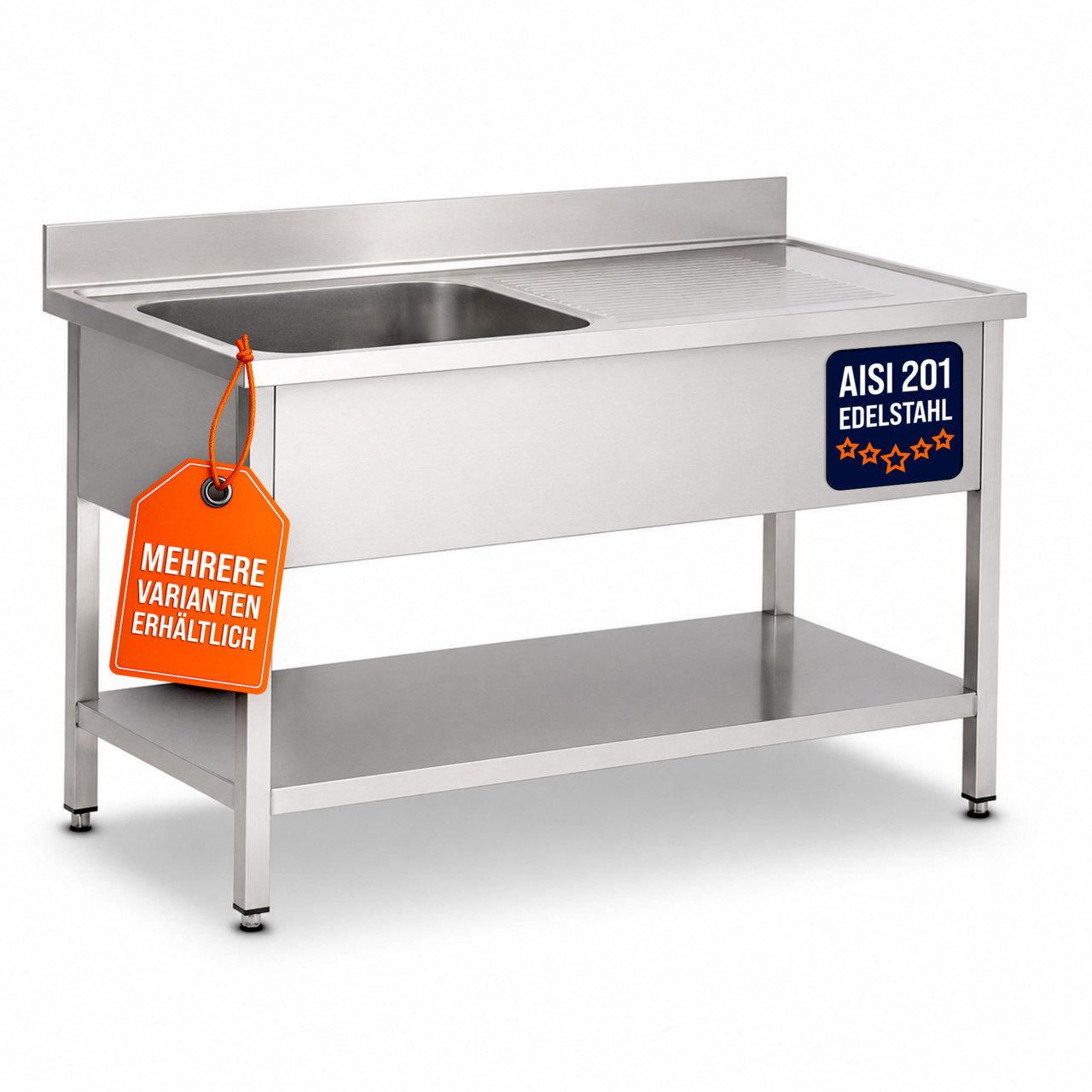 GastroHero Arbeitstisch Spültisch 120x60 cm - Edelstahl mit Becken - Gastro - Spüle, AISI201-Edelstahl, Grundboden, nach Hygienerichtlinien produziert