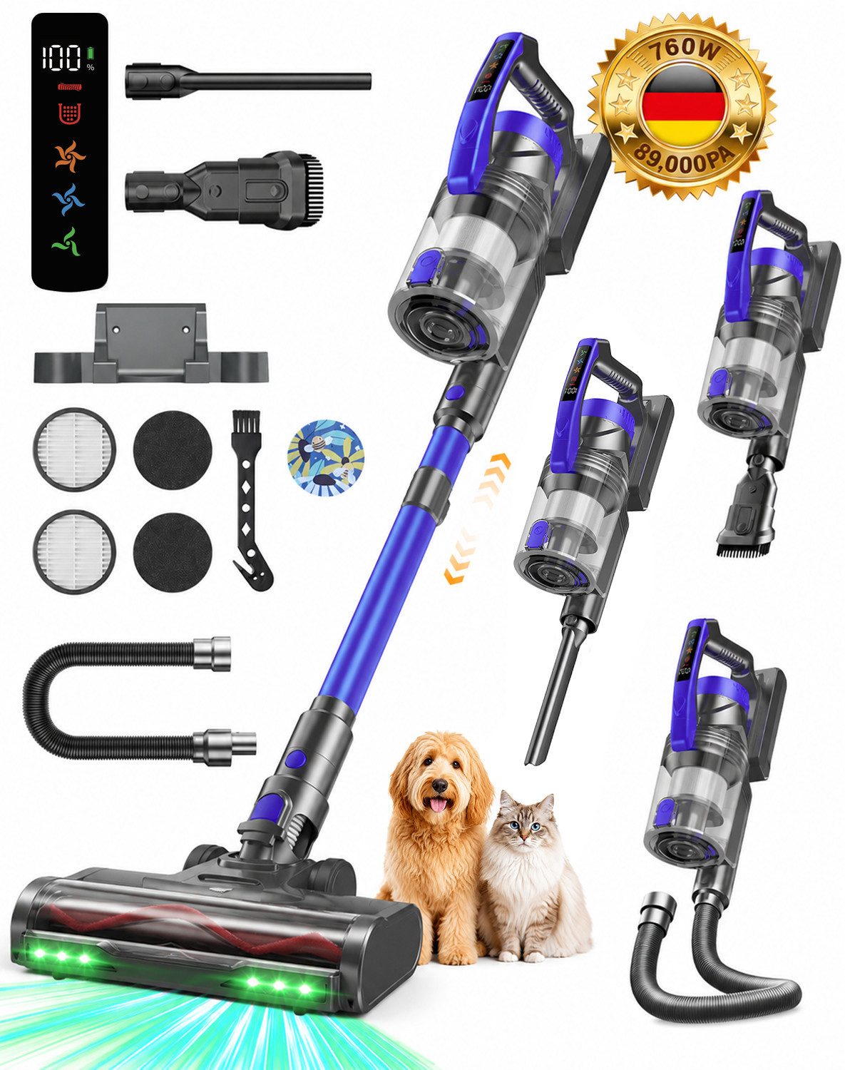 ZOOMCAT Akku-Stielstaubsauger Akkustaubsauger Kabellos, 50KPA/600W/65Mins Staubsauger ohne beutel, 600 W, beutellos, V‑förmige Antitangle‑Bürste, Flexibler Bürstenkopf, Kabellos & leicht