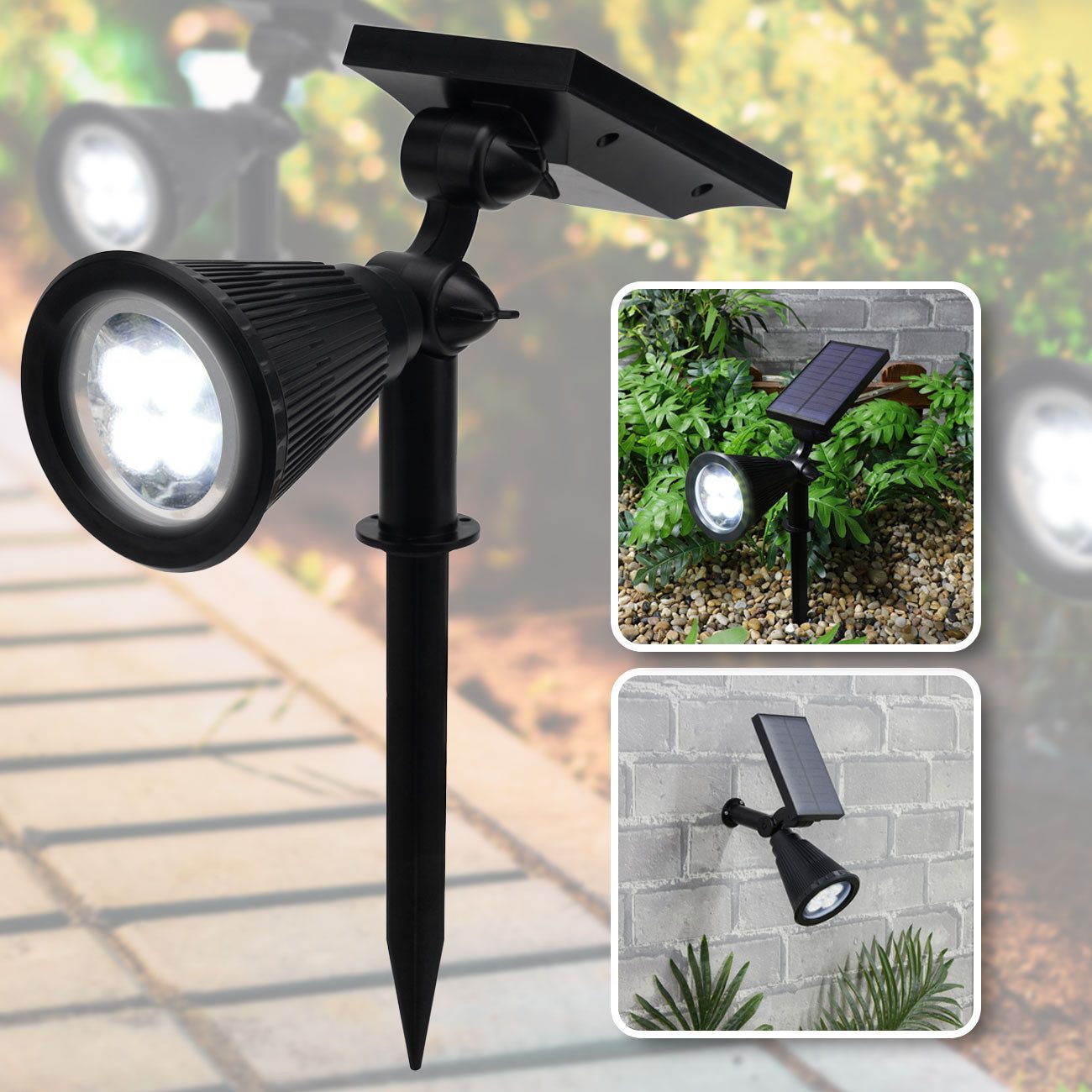 Casativo LED Gartenstrahler Solar-Gartenleuchte Erdspieß & Dämmerungssensor 200lm-Gartenstrahler, 4 weisse LEDs, Leuchtdauer ca. 8 Std. Spot 80° & Solarpanel 180° neigbar IP44