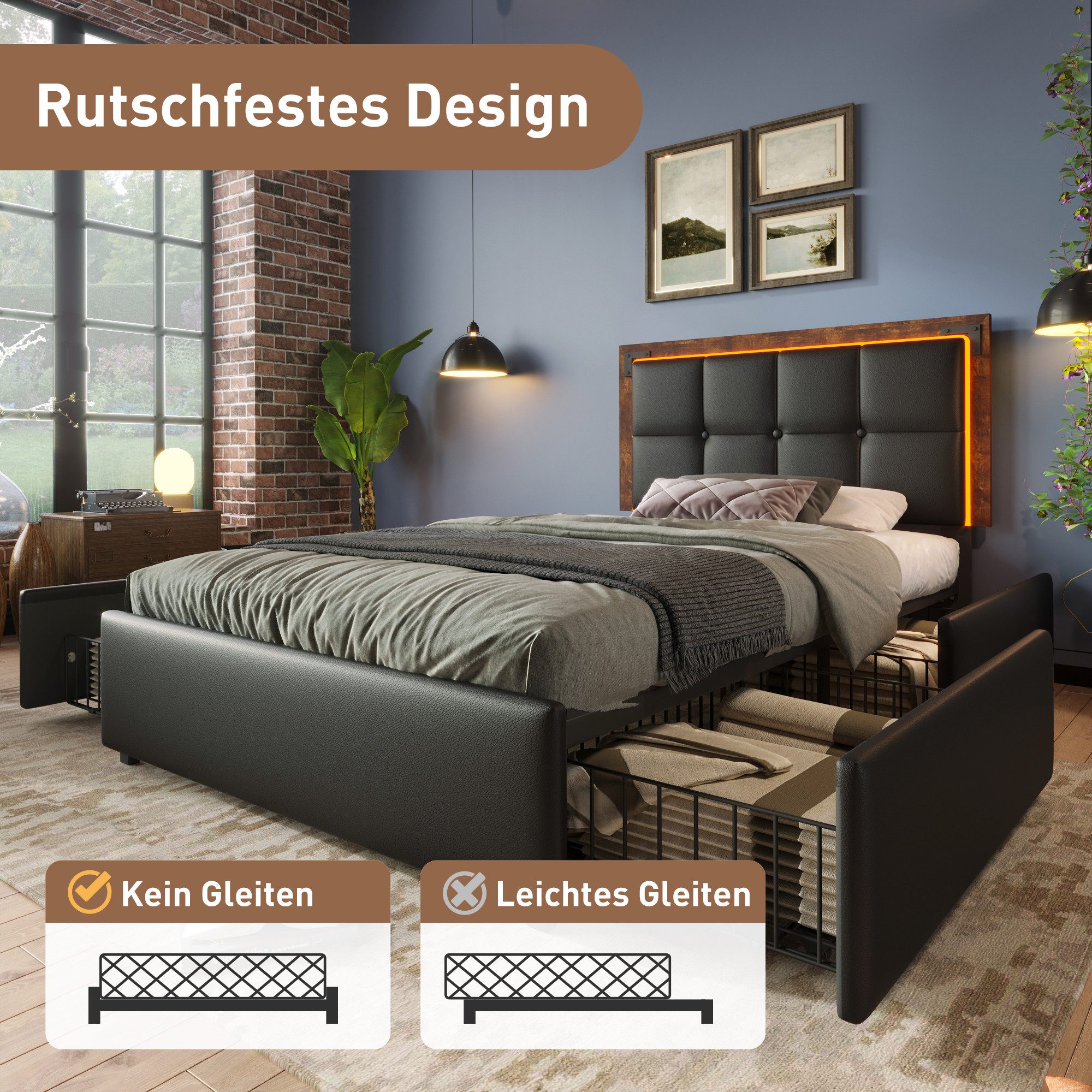 Luckice Upholstered Bed Frame with LED Lighting Strip and 4 Drawers (Single Bed Upholstered Bed 90x200cm, Height-Adjustable Headboard, Functional Bed), PU Black