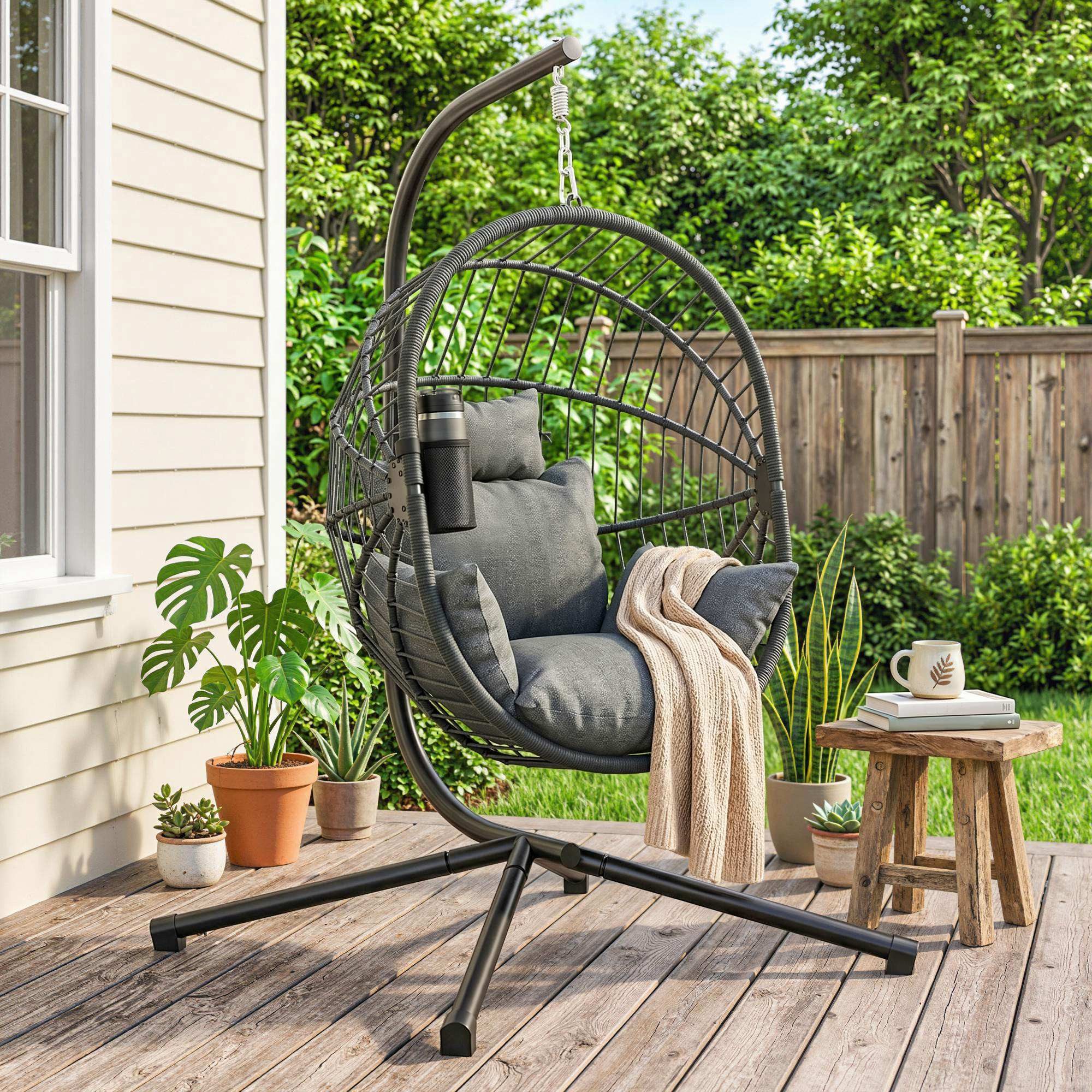 Outsunny Hängesessel Eiförmiger Hängeschaukel mit Kissen, faltbar Hängematte (Sitzkorb, 1-St., Becherhalter), Rattanoptik für Indoor, Outdoor, bis 120 kg Belastbar, Stahl, Grau