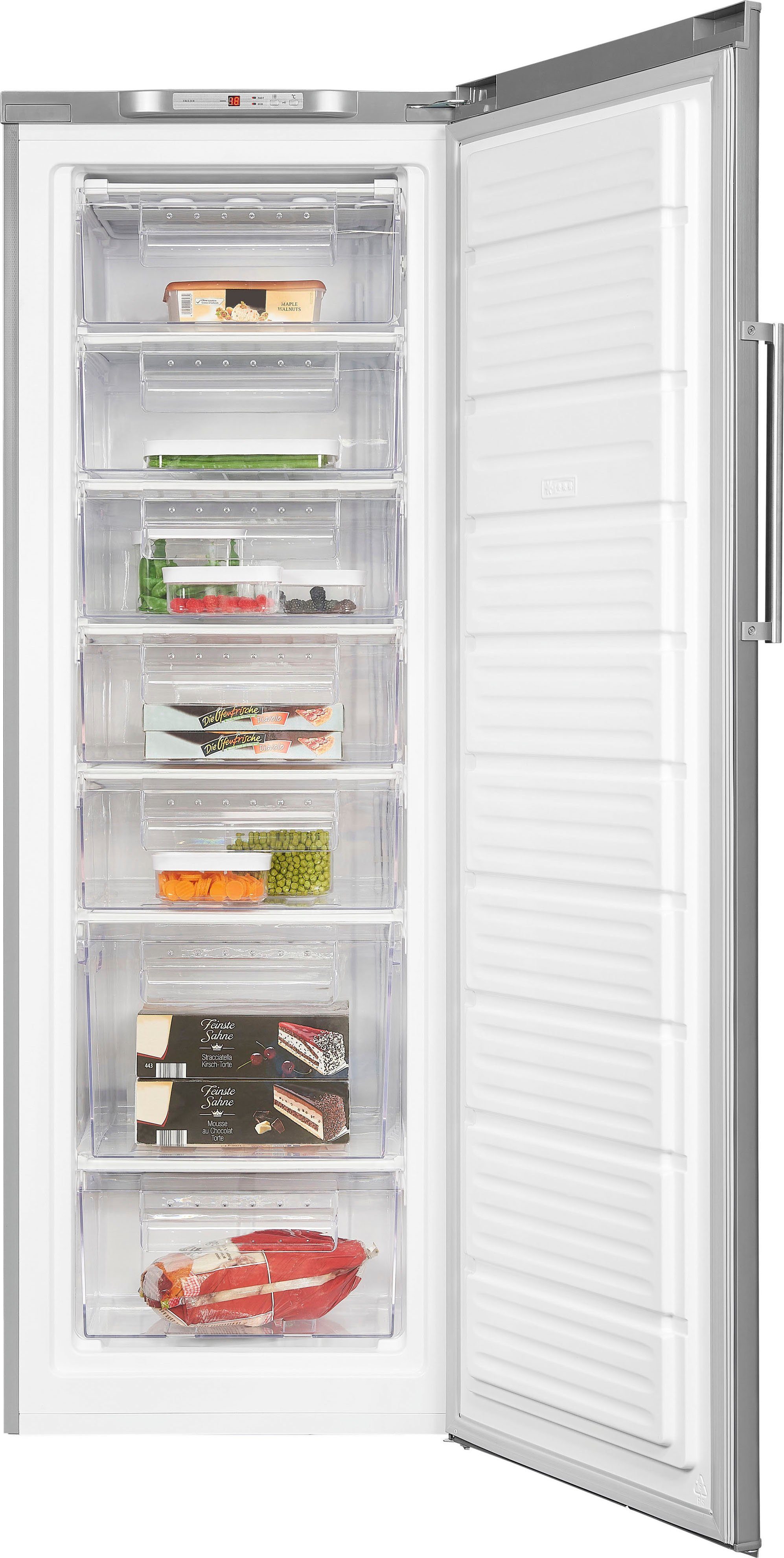 exquisit Gefrierschrank GS280-HE-040D, 171 cm hoch, 60 cm breit, 4*-Gefrierschrank No Frost mit LED-Anzeige & praktischem Griff