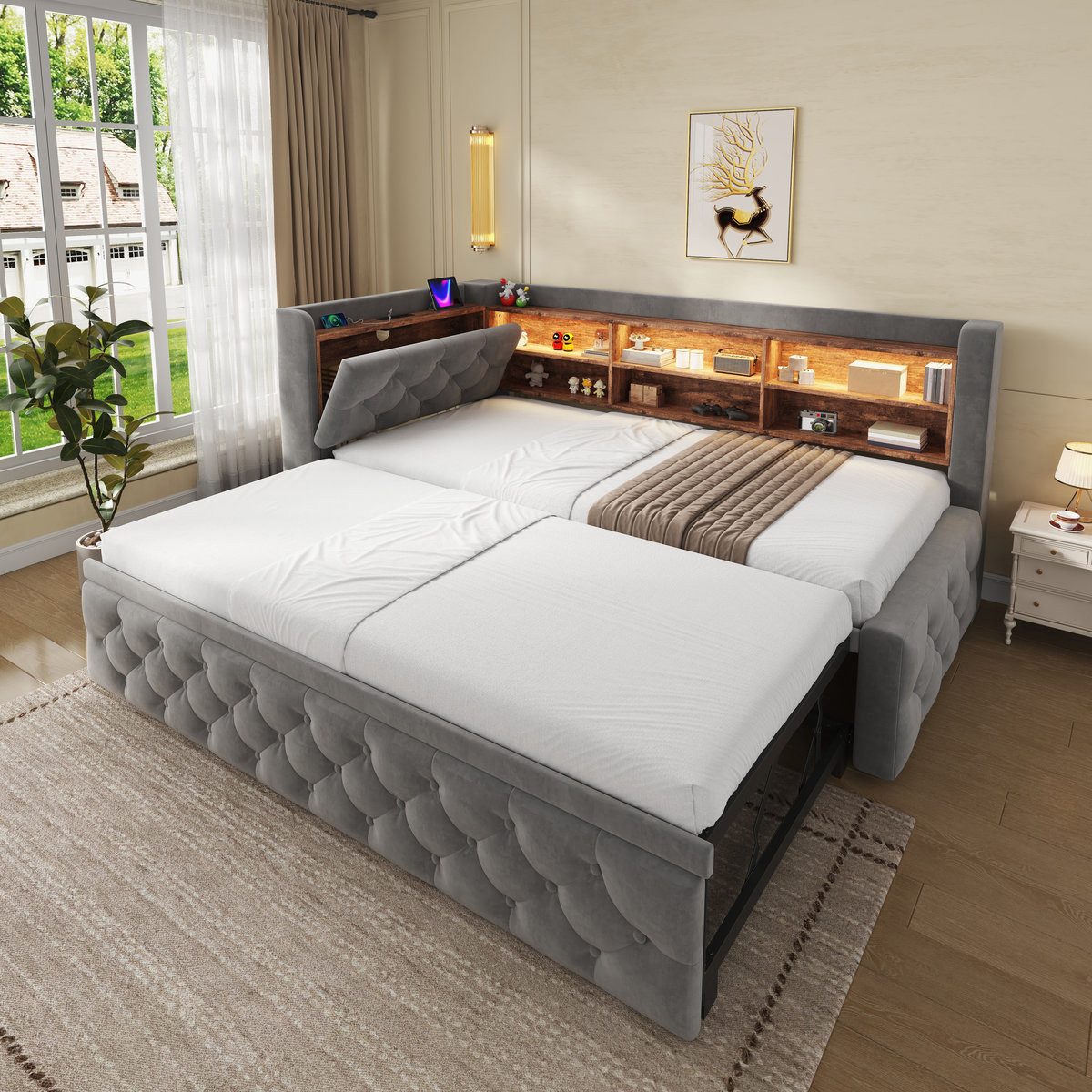 Odikalo Schlafsofa Schlafcouch 90x190 mit LED USB Type-C & Stauraum-Armlehne, Bettgestell ausziehbar, Samt, Sofa mit Holz-Kopfteil Ablage, Lattenrost, für Wohnzimmer & Gästezimmer