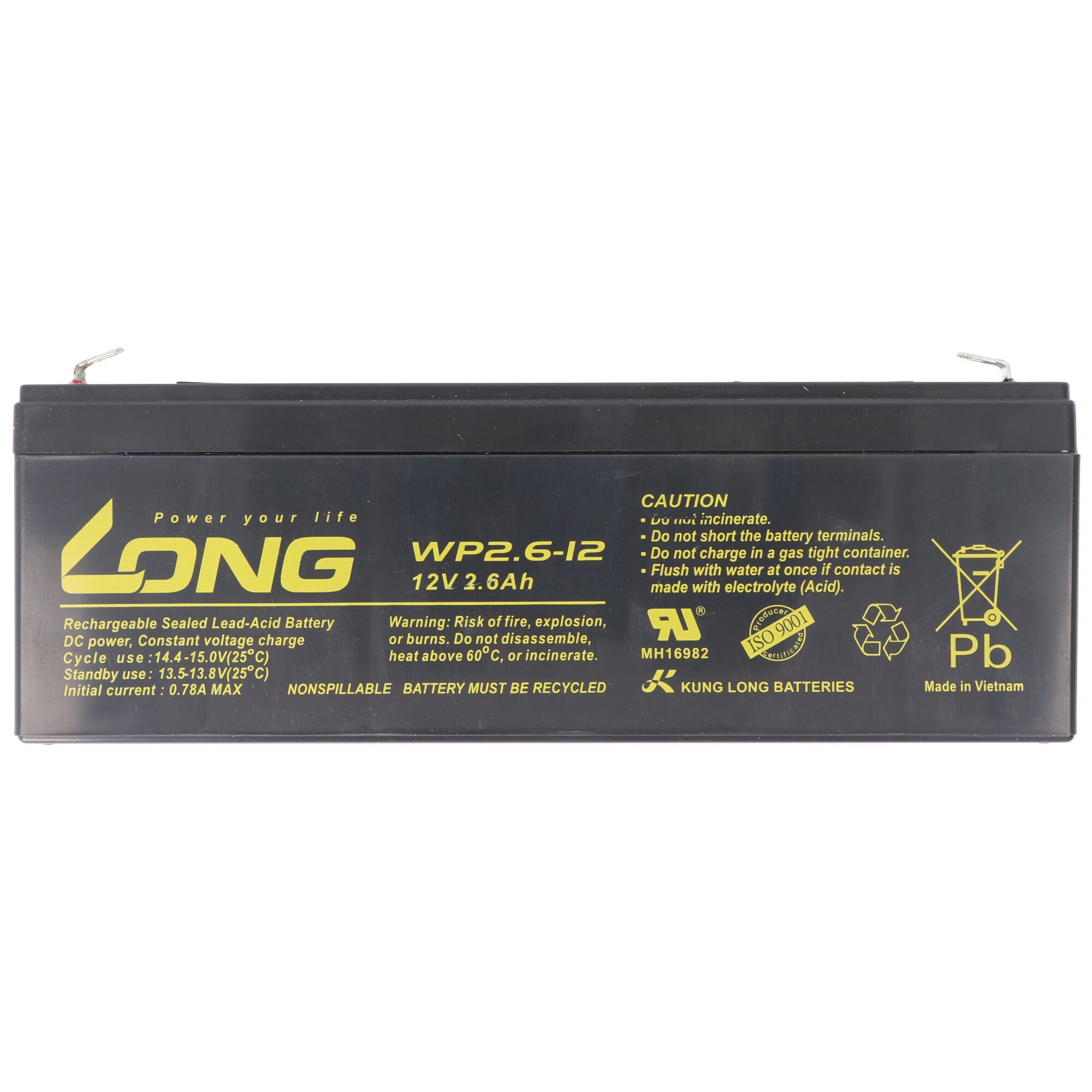 Kung Long Kung Long WP2.6-12 F1 Blei-Vlies-Akku, 12Volt, 2,6Ah mit 4,8mm Faston Akku 2600 mAh (12,0 V)