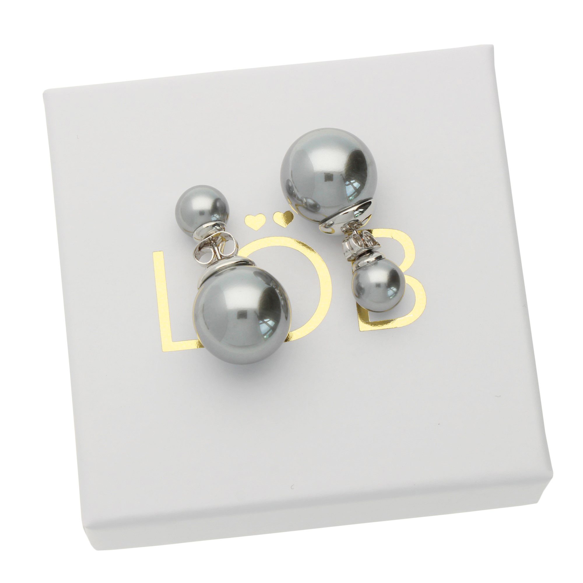 LÖB Paar Ohrstecker Silber Ohrringe Zwei Doppel Perlen Perlenohrringe Kugel Modern Grau (Geschenke für Frauen Beste Freundin Mutter Mama Damen zum Geburtstag Weihnachten Weihnachtsgeschenke, Inkl. Schmuckbox), Ohrstecker Set Front Back doppelte Perlenohrstecker Brautschmuck