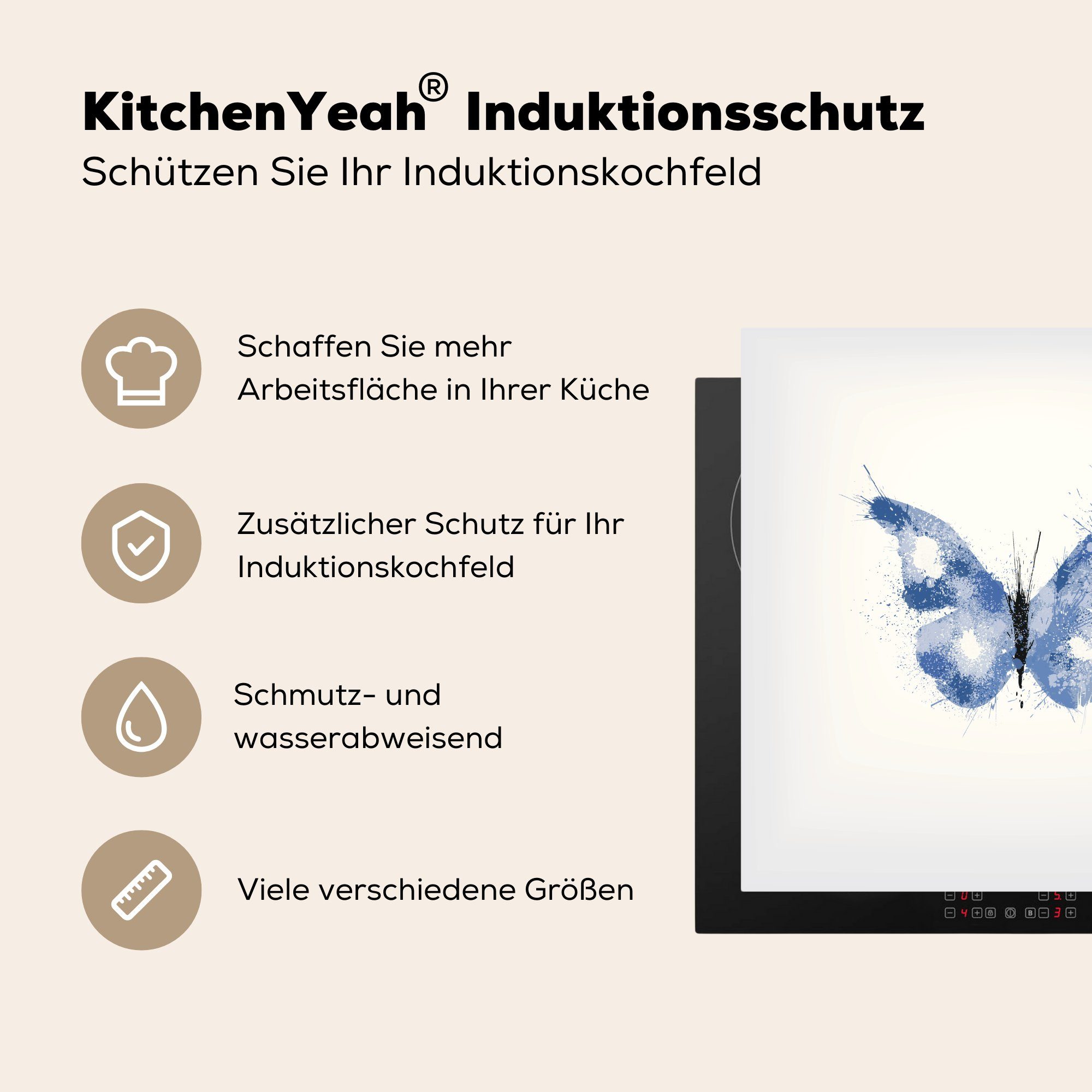 Illustration blauen küche Vinyl, für cm, (1 Schmetterlings, tlg), Eine Herdblende-/Abdeckplatte Arbeitsplatte MuchoWow eines Ceranfeldabdeckung, 78x78