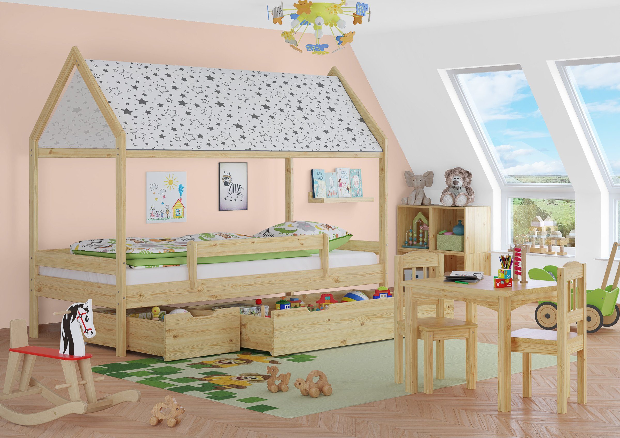 ERST-HOLZ Bett Kinderbett Hausbett Kieferfarblos massiv, und Rausfallschutz Himmel lackiert mit Kiefer