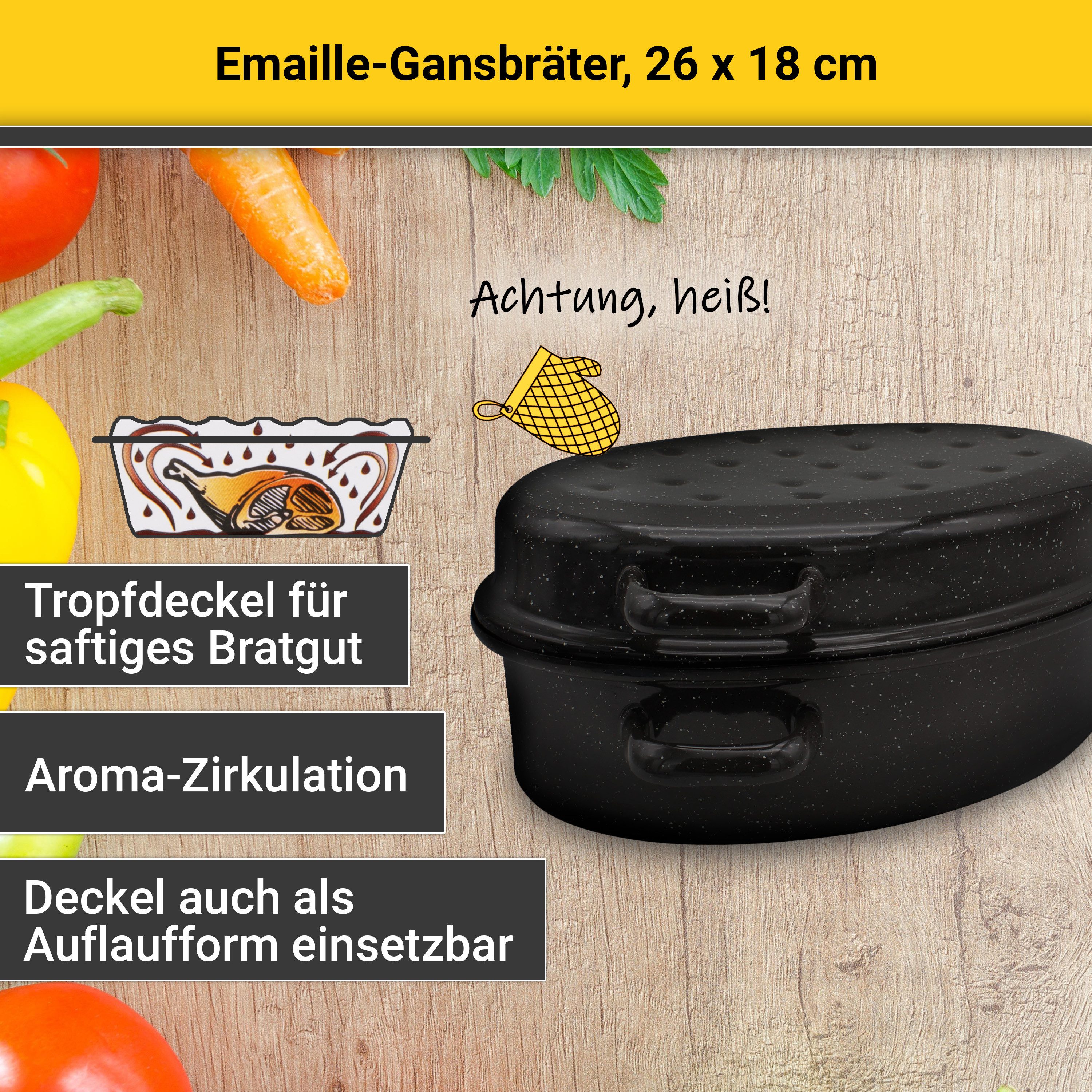 Krüger Bräter Emaille Gansbräter, gesprenkelt mit Tropfdeckel, 26 x 18 x 7,5 cm, Emaille (1-tlg), für Induktions-Kochfelder geeignet