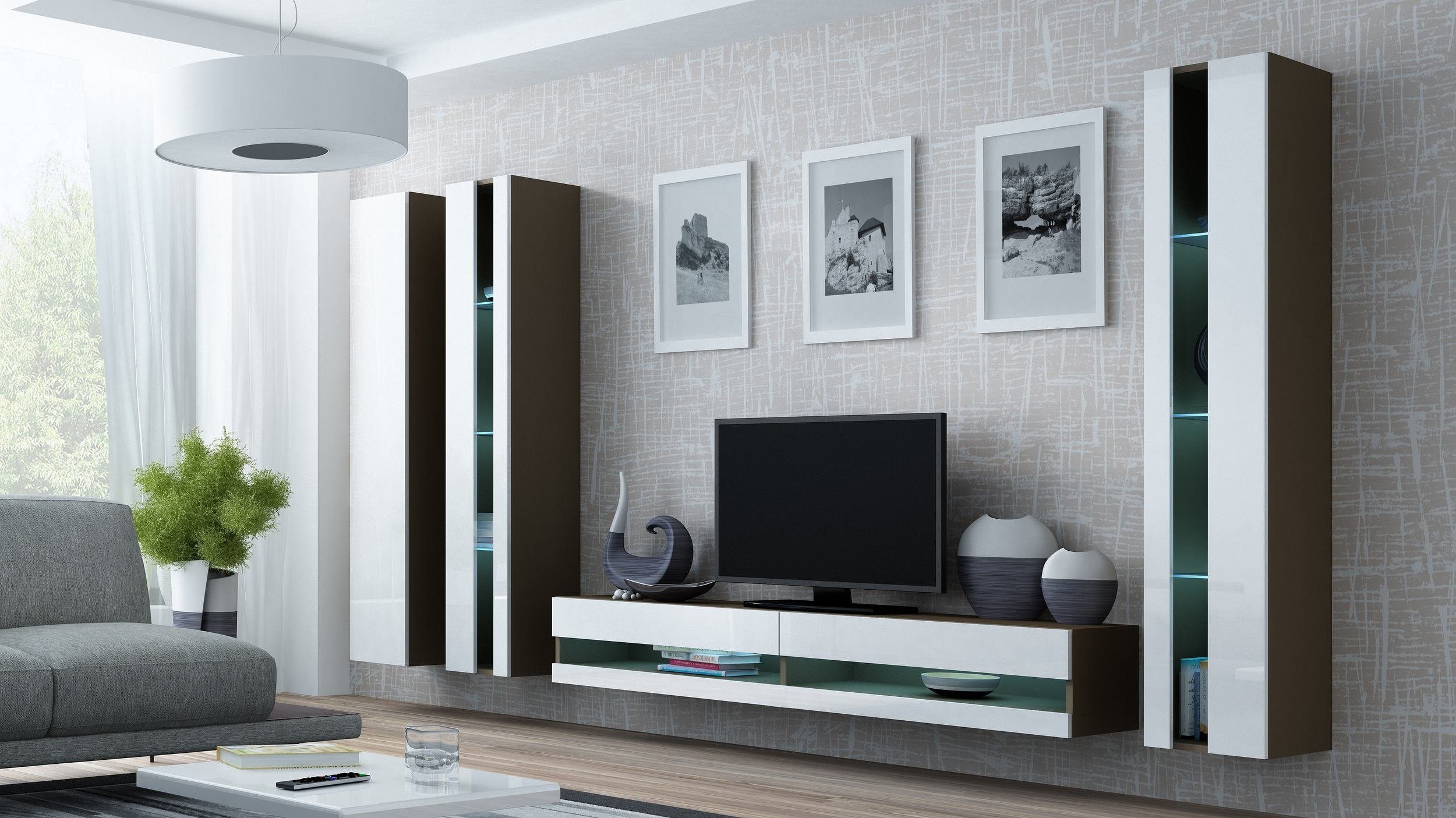 99rooms Wohnwand Vago New VI Wohnwand, (Set (4-St), Wohnmöbel, Wohnzimmer-Set), 1xLowboard, 1xHängeschrank, 2xHängevitrine, mit LED, Push-to-Open