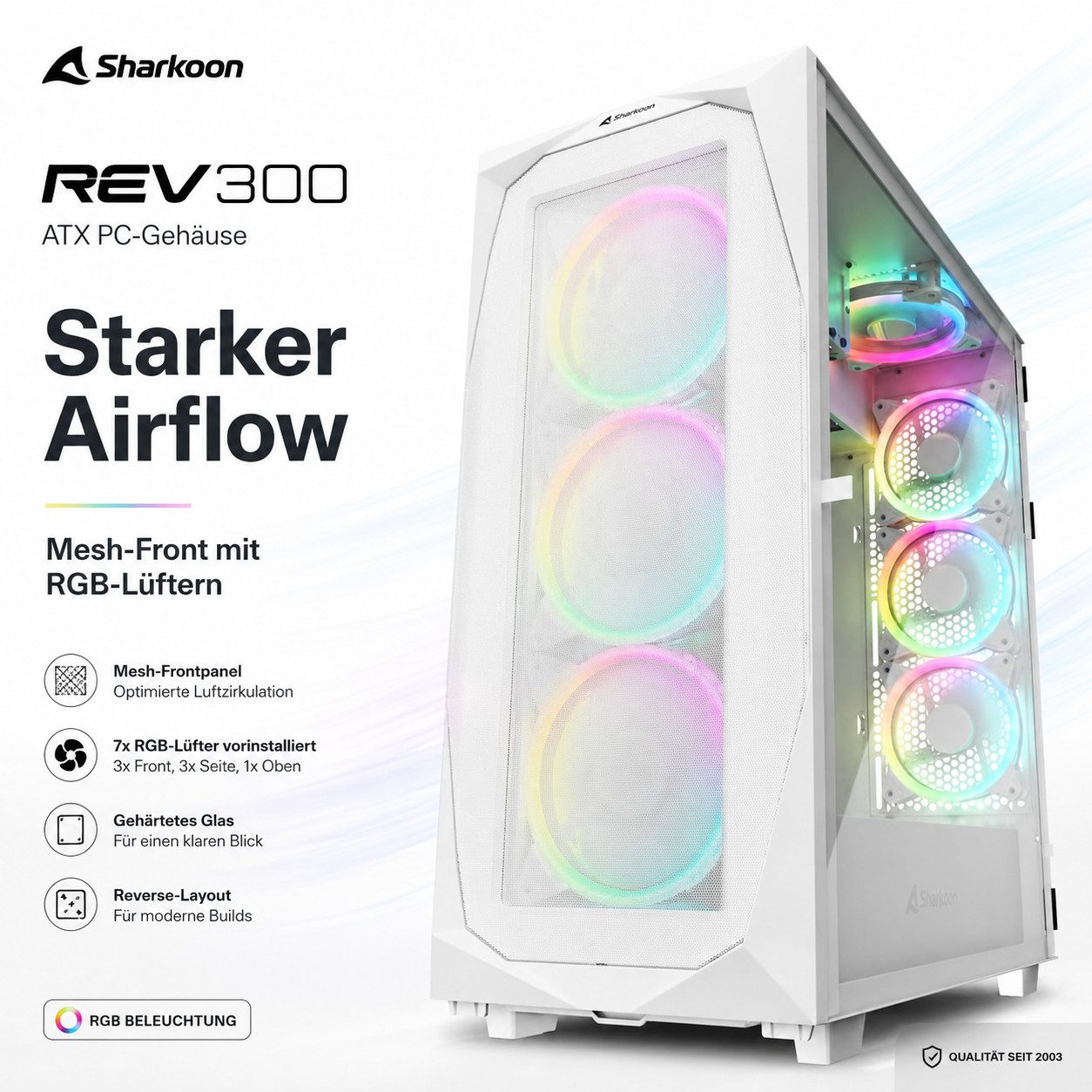 Sharkoon PC-Gehäuse REV300 RGB ATX Gaming PC Gehäuse Computer Tower Computergehäuse, RGB Gaming Gehäuse Computergehäuse Micro PC Computer Gaming Tower