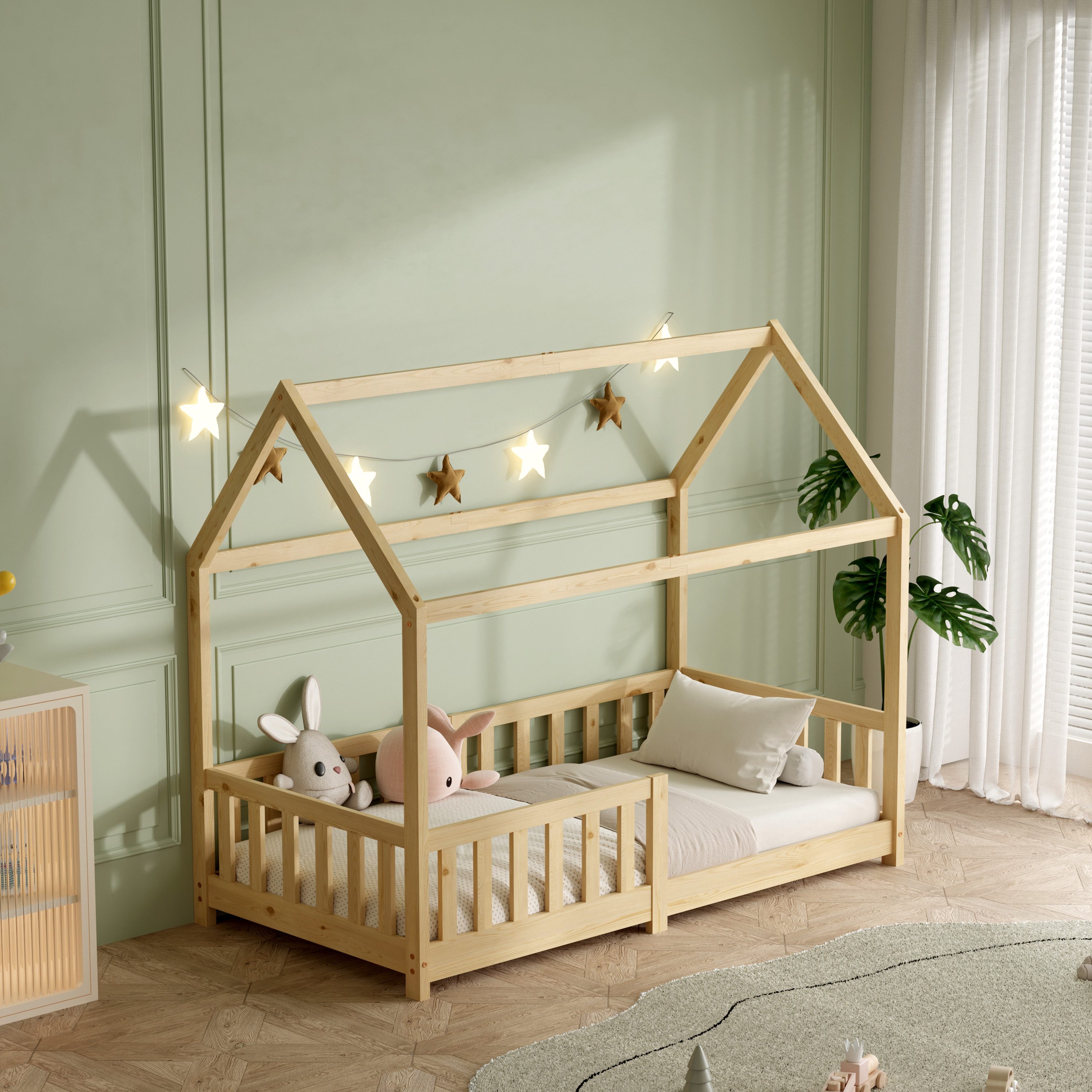 ecoMI Kinderbett Hausbett, Rausfallschutz, Lattenrost, 90x200 & 80x160, Wei günstig online kaufen