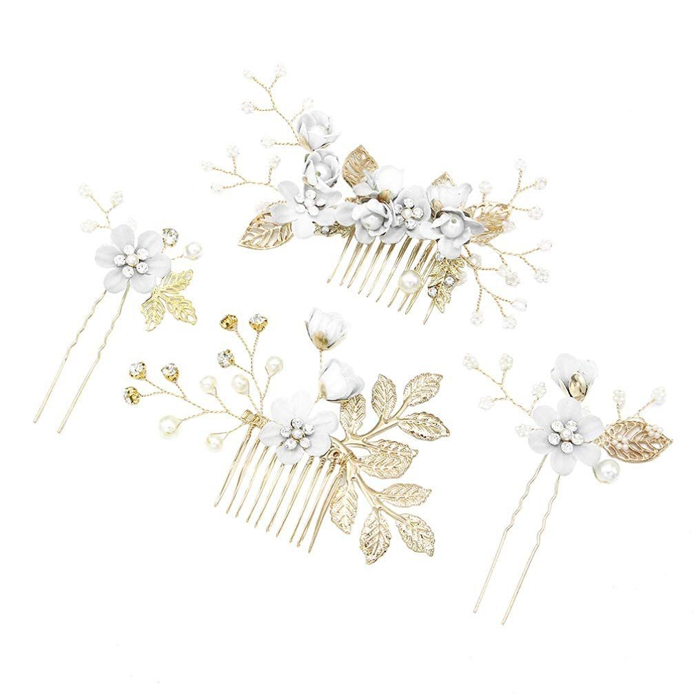 WaKuKa Diadem 4 Stück Hochzeits-Haarkämme, Perlen-Blumen-Braut-Haarschmuck weiß