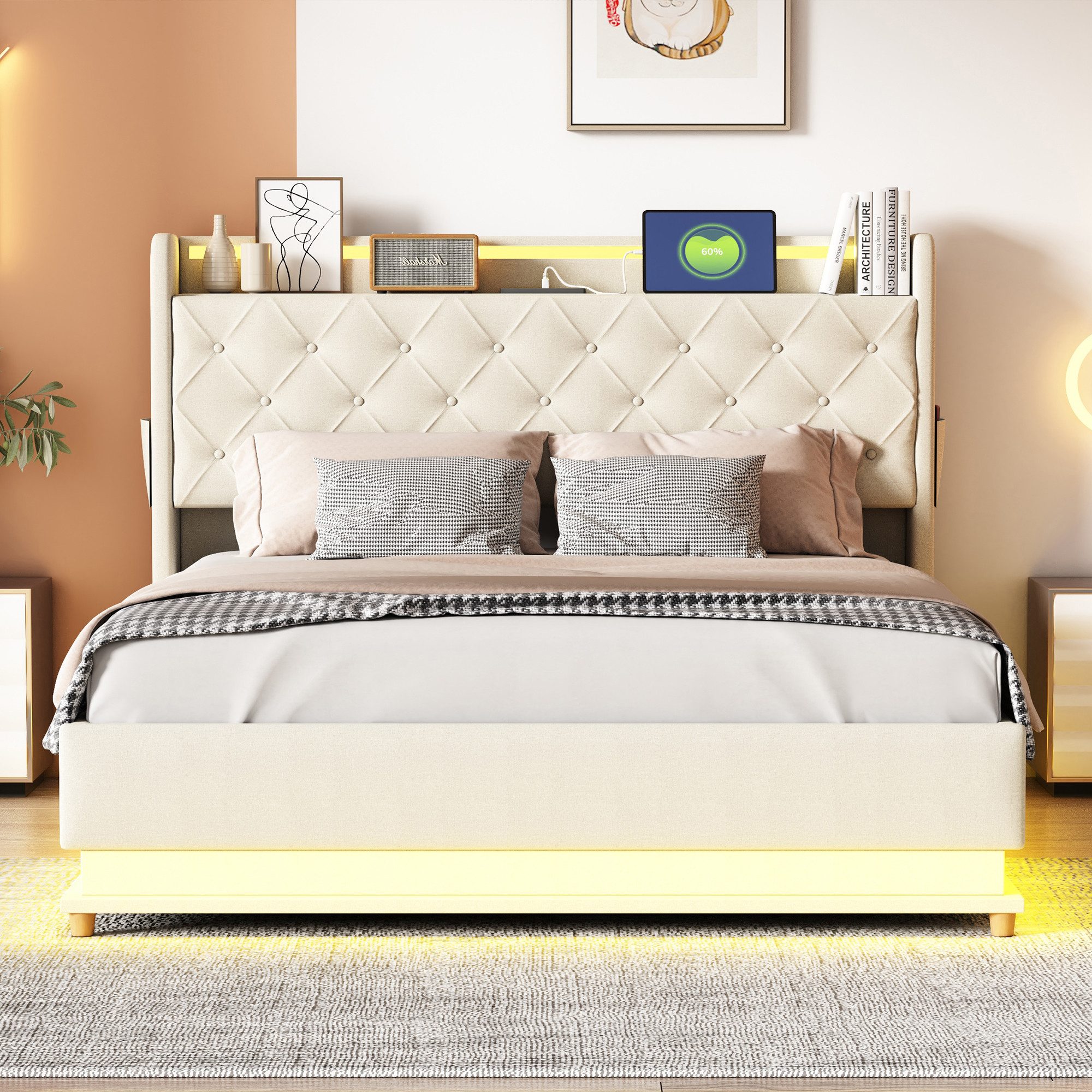 Flieks Polsterbett, LED Hydraulisches Stauraumbett Doppelbett mit Ladefunkt günstig online kaufen