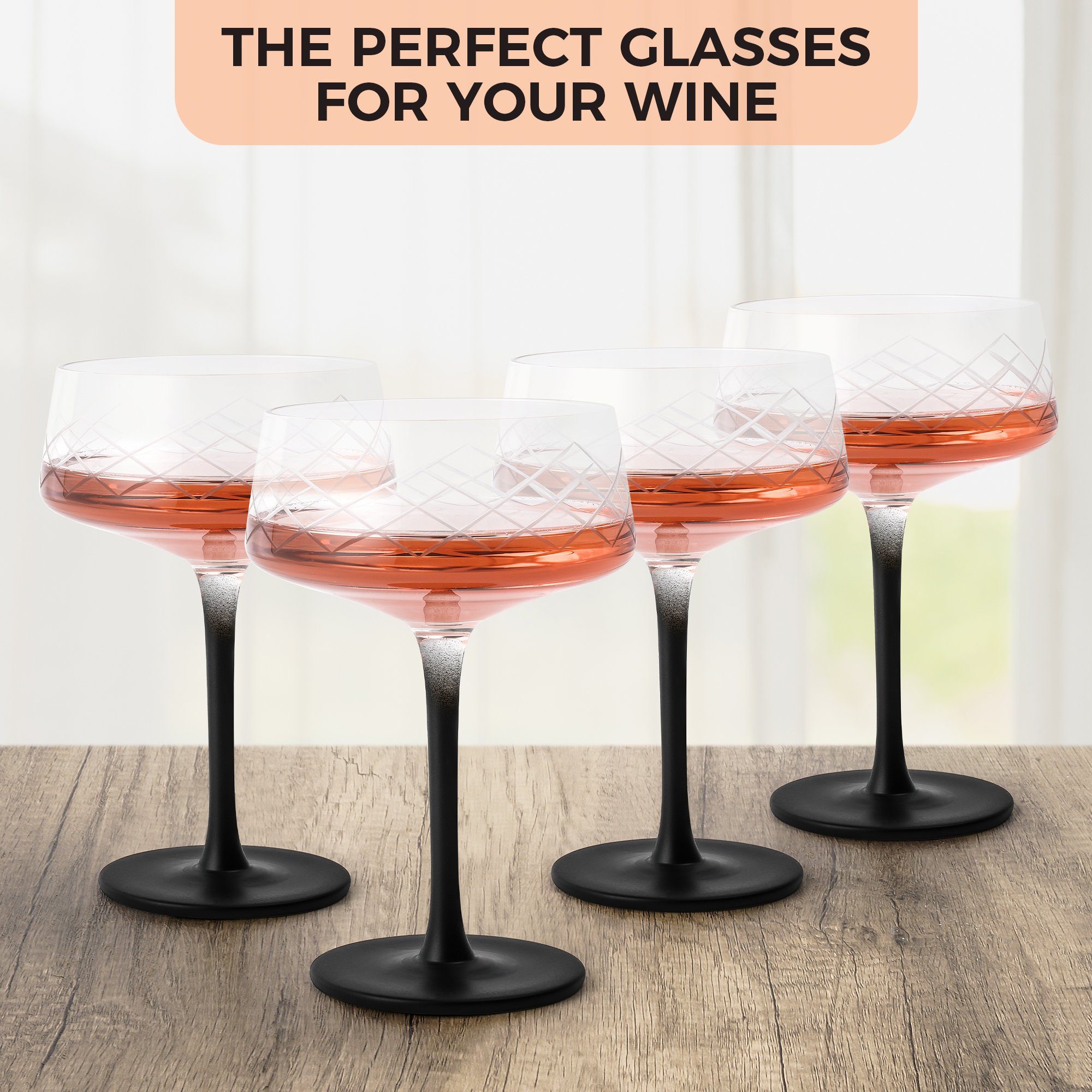 MiaMio Cocktailglas Crystaluna Coupe, 280 ml, schwarzer Stiel, 4-tlg., Glas, mit Barlöffel