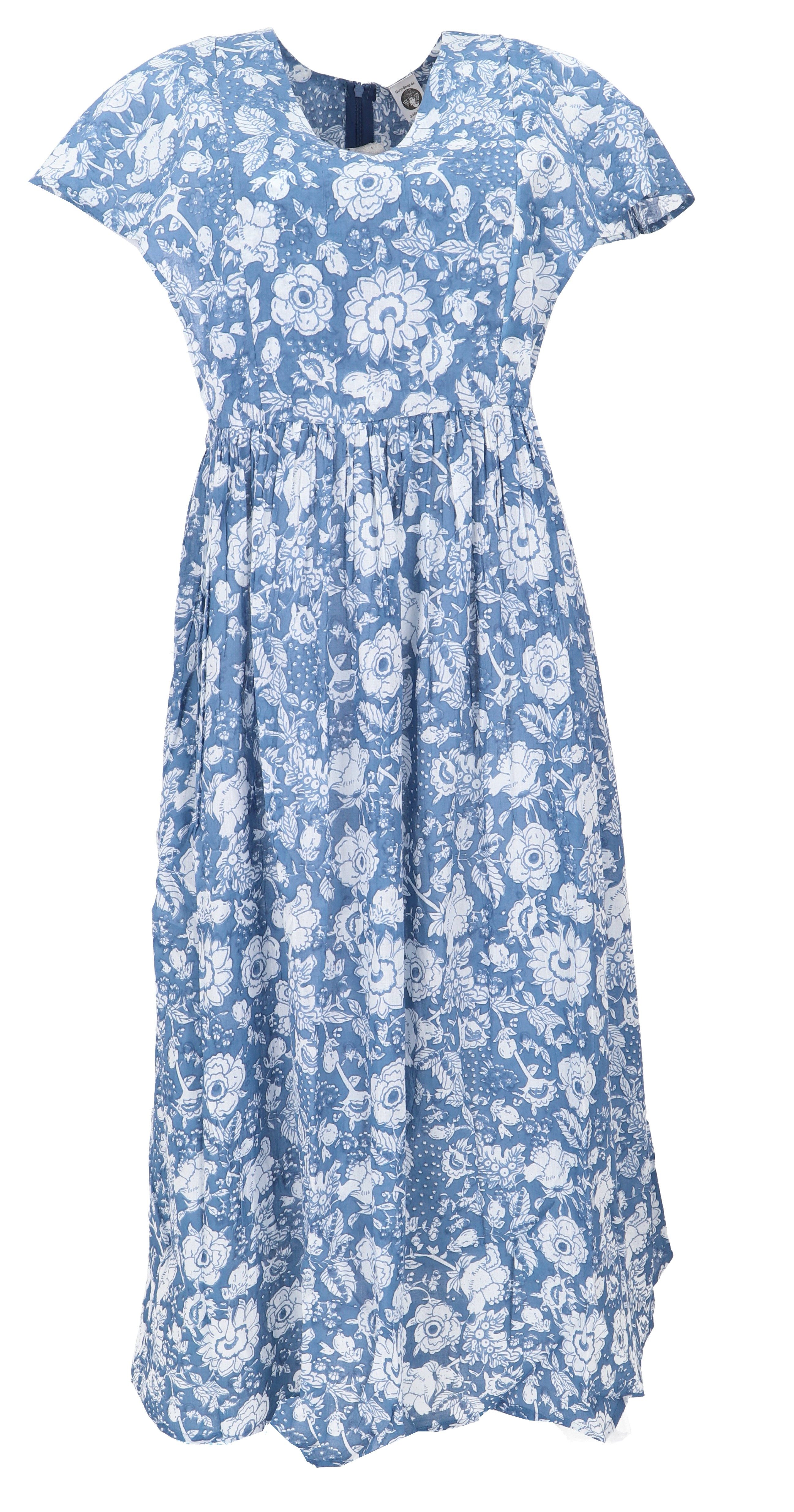 Guru-Shop Midikleid Luftiges Boho Sommerkleid, handbedrucktes.. alternative Bekleidung