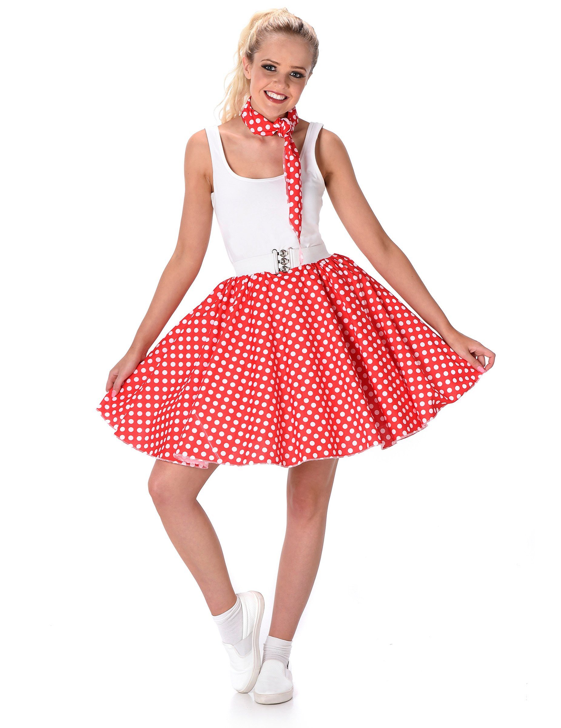 REDSUN Kostüm 50er-Jahre Rockabilly Petticoat-Rock mit Halstuch rot-weiss