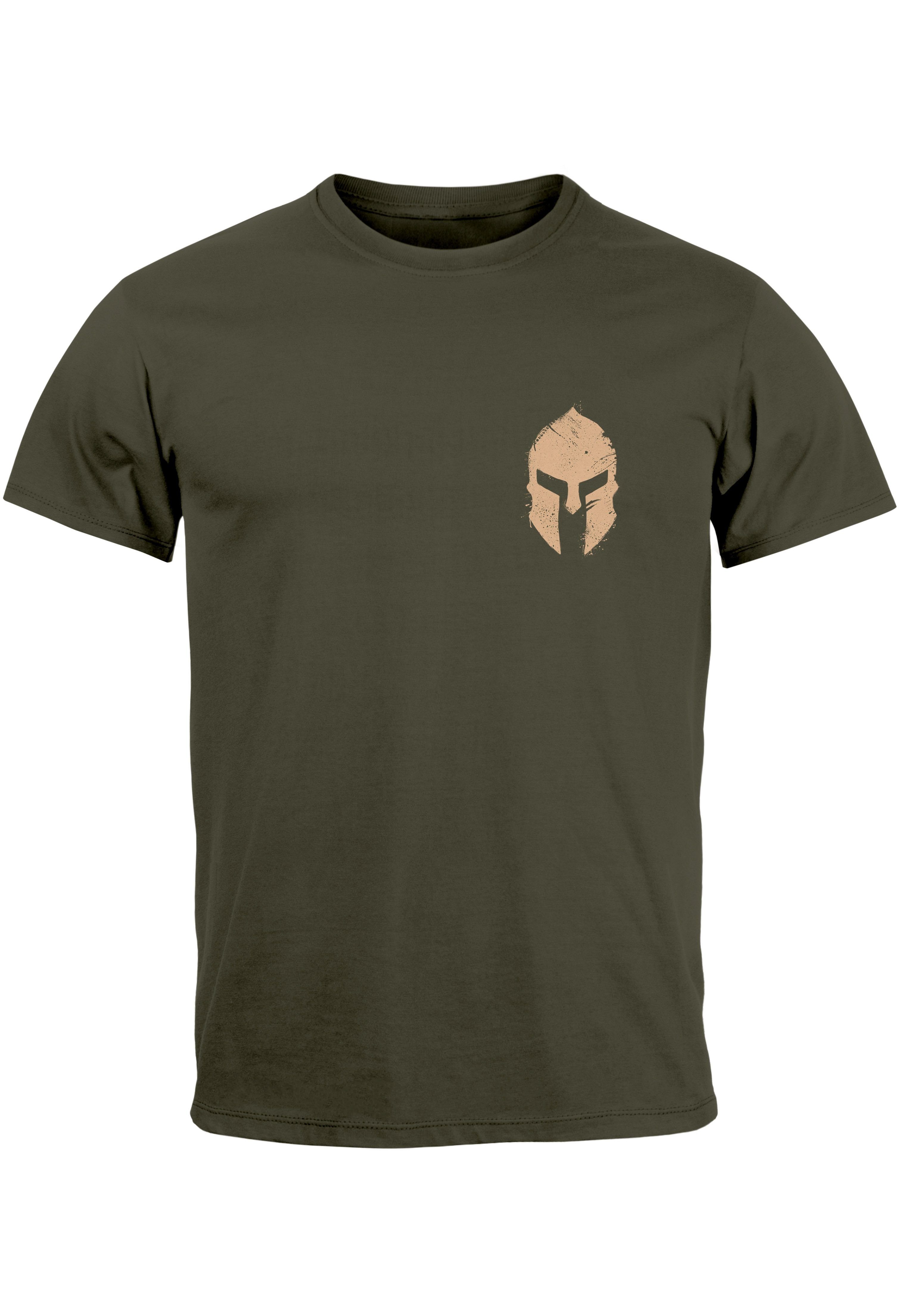 Neverless Print-Shirt Herren T-Shirt Logo Print Sparta-Helm Spartaner Gladiator Krieger Warr mit Print army