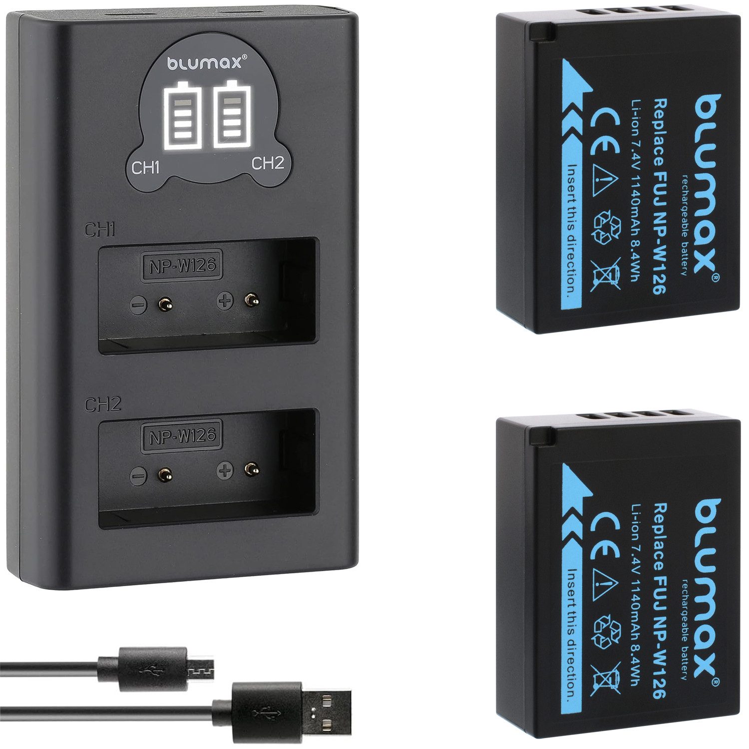 Blumax 2X Blumax Akku Fujifilm NP-W126s + Fuji Slim Dual Charger Kamera-Akku