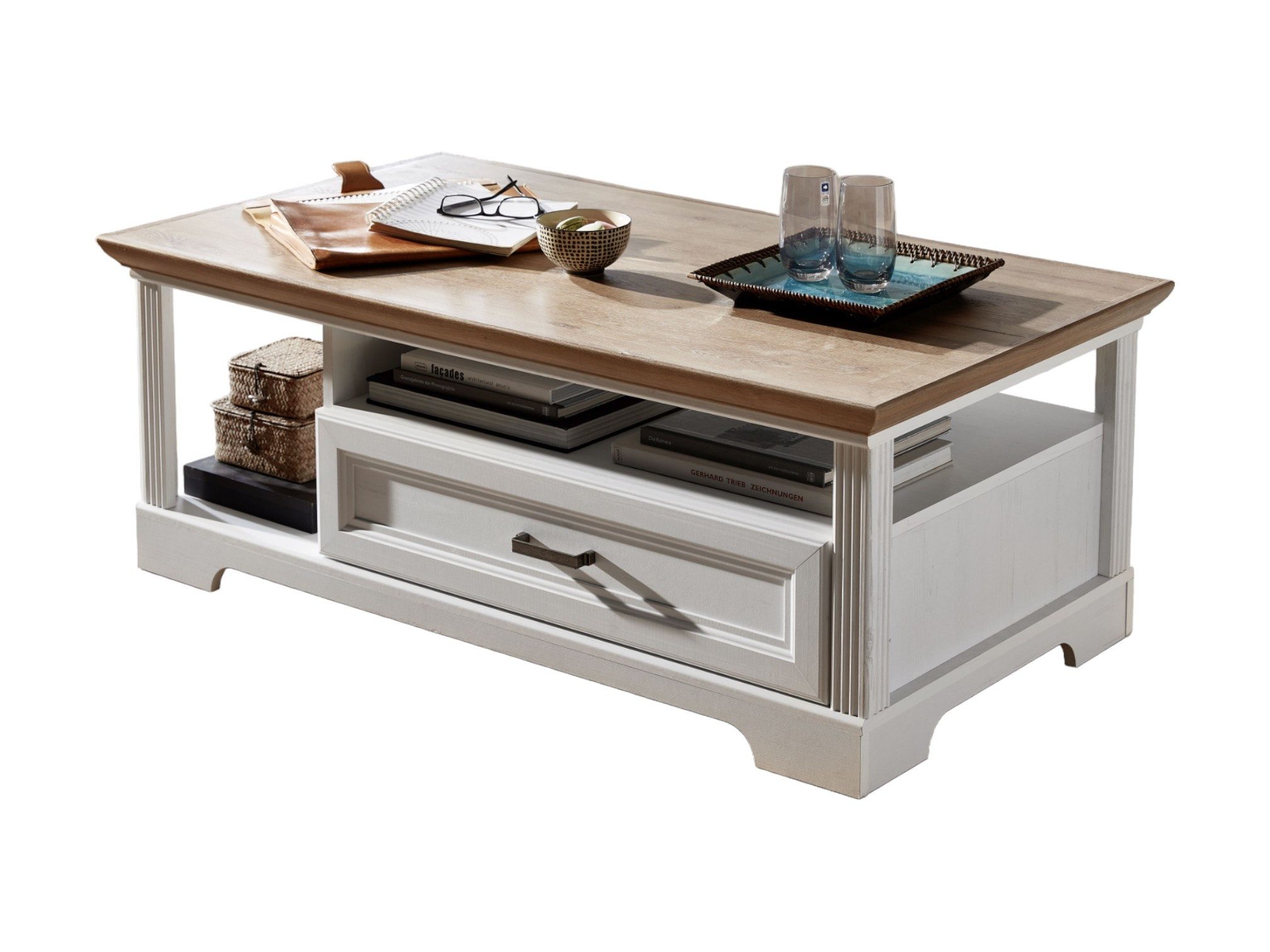 moebel-dich-auf Couchtisch FLORENZ (in 2 Farben, im Landhausstil), Schubkasten mit Soft-Close-Funktion, 2 offene Fächer