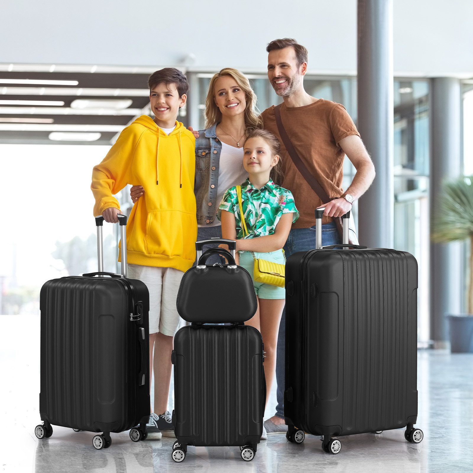LALAHO Trolley Kofferset Hartschale Reisekoffer, 360° Rollen, 4 Rollen, 5er Set Handgepäck, Koffer, mit Kosmetikkoffer, Schwarz – Bild 5 von 5