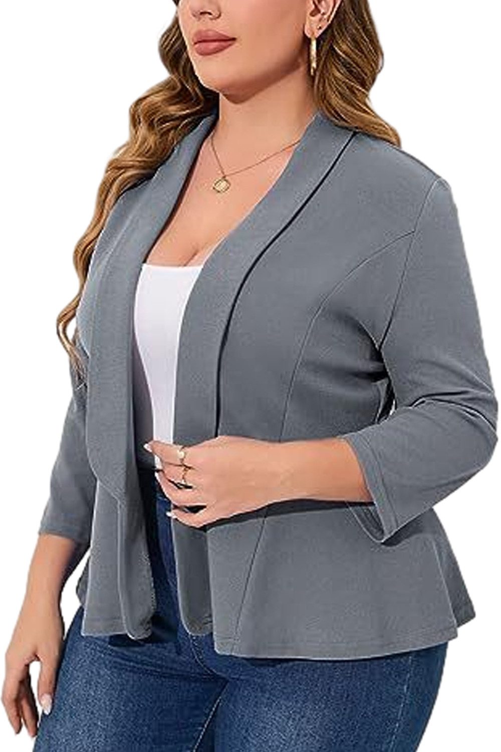 ENIX Anzugsakko Damen-Blazer große Größe 3/4-Ärmel einfarbig lässig leicht Büro Sommermode-Cardigan-Oberteil mit Schalkragen und lockerem Saum