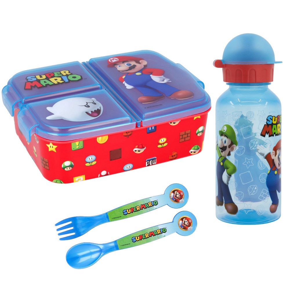 Super Mario Lunchbox Super Mario Luigi Kinder 4 tlg Set, Kunststoff, (4-tlg), 3 Kammer Brotdose Gabel Löffel Trinkflasche