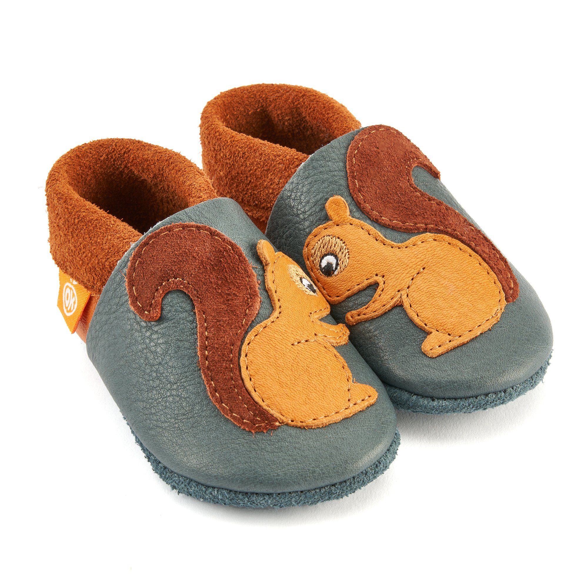 Orangenkinder® Knusper das Eichhörnchen Baby Krabbelschuh 100% pflanzlich gegerbtes Leder, Made in Germany, Atmungsaktiv
