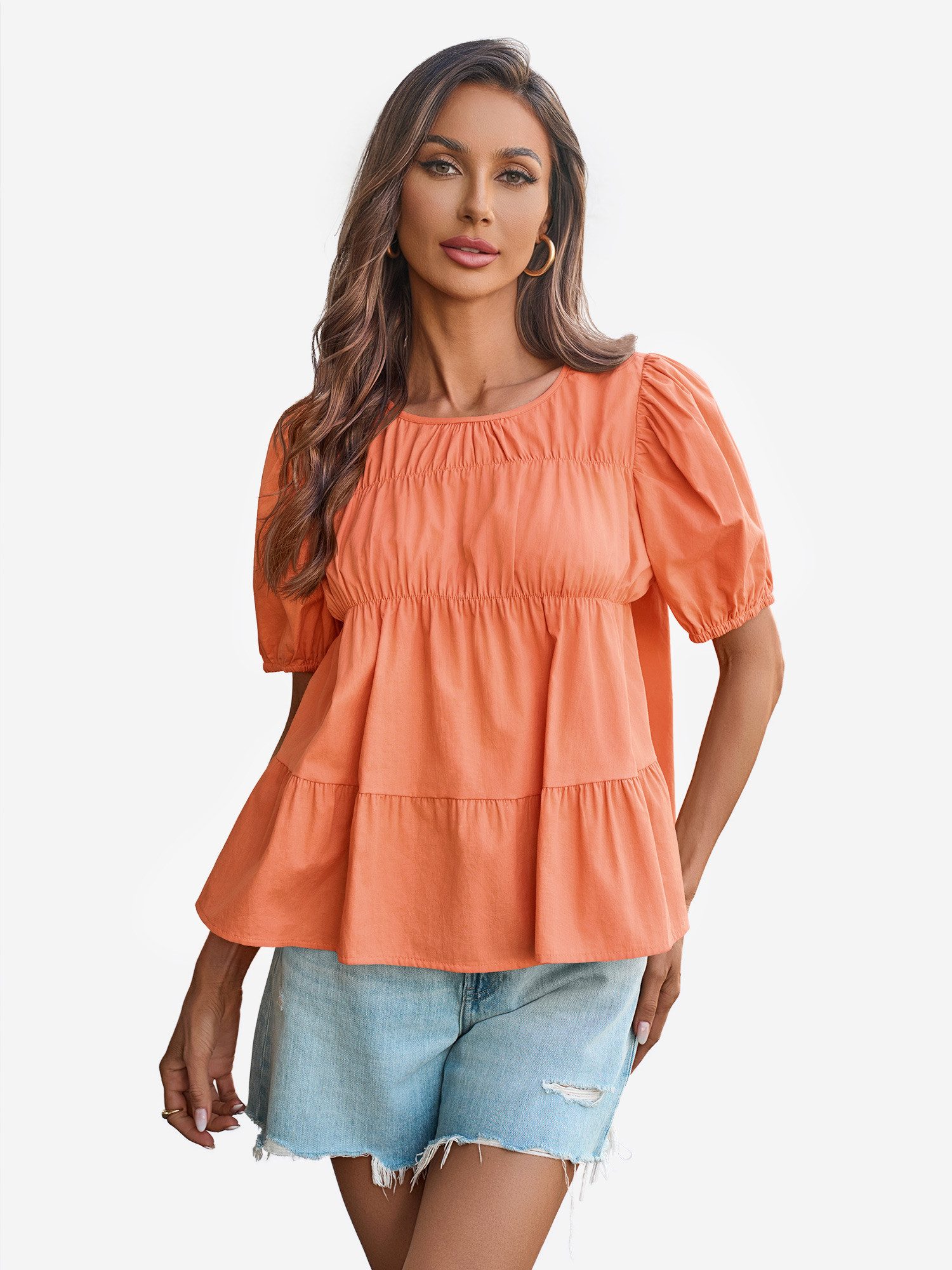 Imily Bela T-Shirt Damen Babydoll Tops mit Puffärmeln und Schößchen (Packung, 1-tlg., 1per-Pack) aus Baumwolle