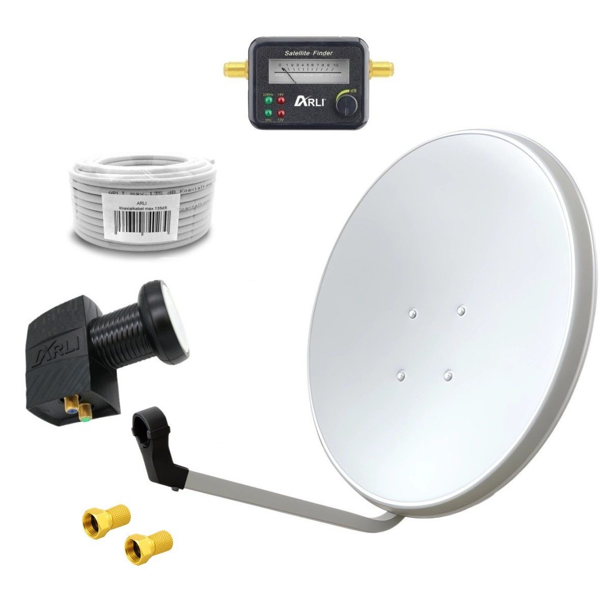 ARLI 60 cm HD SAT Anlage weiss + Twin LNB + 20 m Koaxialkabel + Satfinder SAT-Antenne (60 cm, Stahl, Digital 2 Teilnehmer Antenne Weiss UHD 4K)