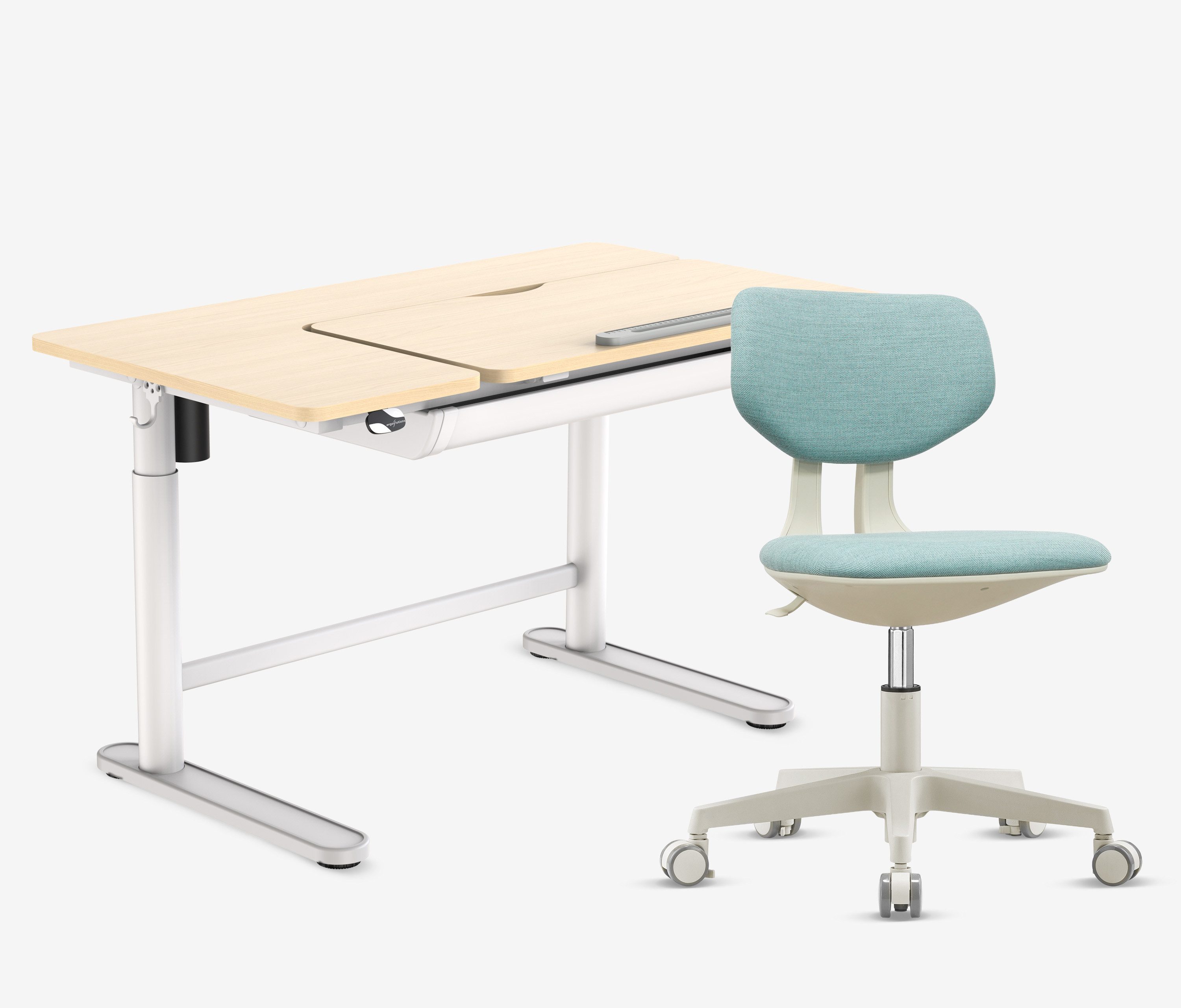 Ergolutions Kinderschreibtisch elektrisch höhenverstellbar + Kinderstuhl, Einklemm und Kollisionsschutz / Tischplatte Neigbar / 5 Jahre Garantie