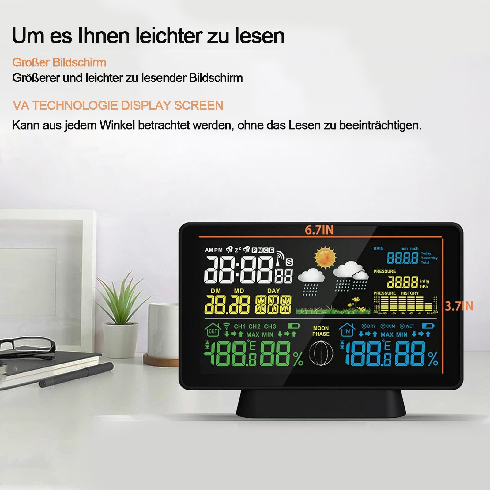 MODFU Wettervorhersage Station Hauswetterstation Wettermonitor Wetterstation (mit AuBensensor Keine Batterien enthalten, LCD-Farbdisplay Innen- und Außentemperatur Barometer Wecker Kalender)