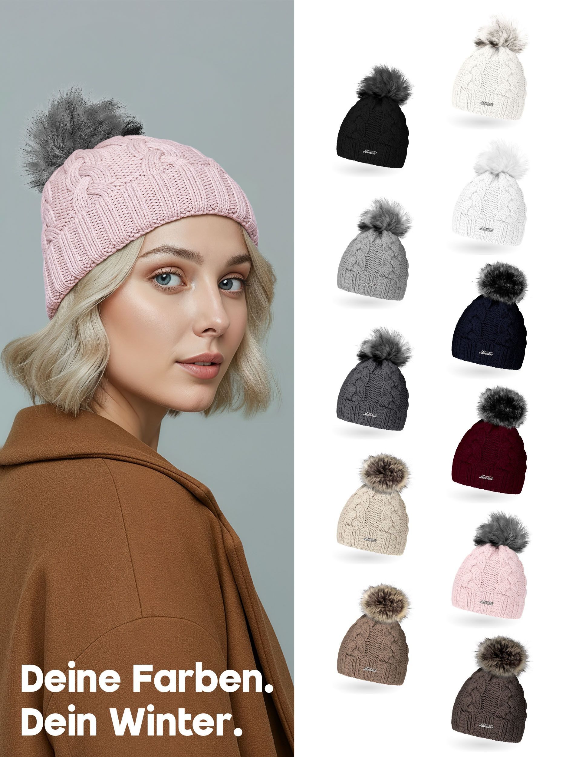 Neverless Strickmütze Damen Strickmütze Zopfmuster Fleccefutter Bommelmütze Pudelmütze