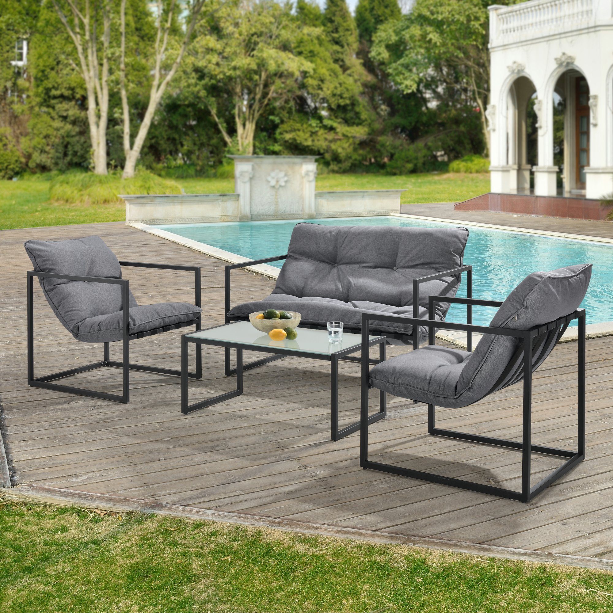 Sitzbank mit Polsterkissen Sitzgruppe, mit 4-teilig casa.pro 1x 4-tlg., Couchtisch »Dallas« einer Gartenmöbel Stühlen), 2 und (Set, Schwarz/Grau Set