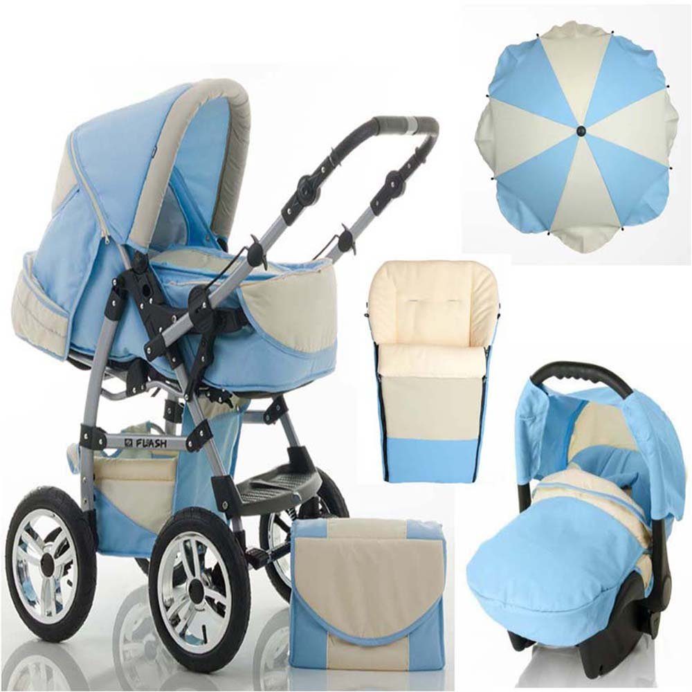 babies-on-wheels Kombi-Kinderwagen 5 in 1 Kinderwagen-Set Flash inkl. Autositz - 17 Teile - in 18 Farben Hellblau-Creme