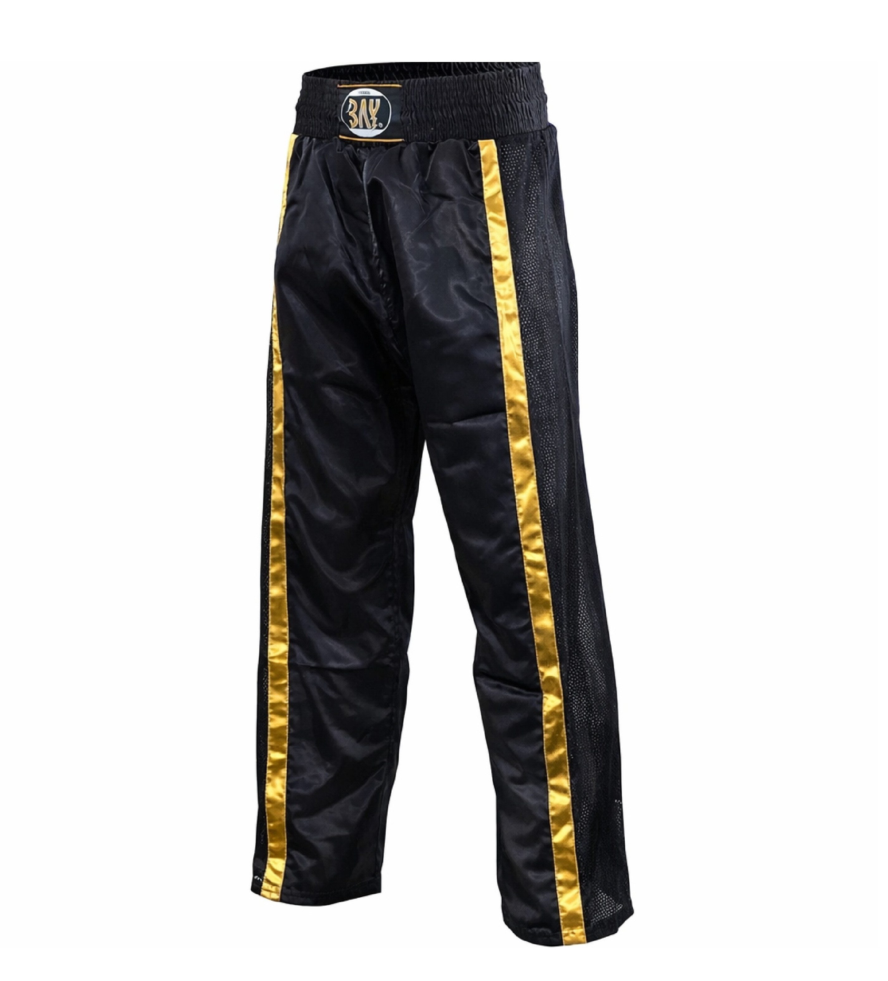 BAY-Sports Sporthose Kickboxhose NETZ-MESH Mesh Netzeinsatz Hose lang Kickboxen Kampfsport lange, leichte, locker sitzende Trainingshose, Schwarz/Gold