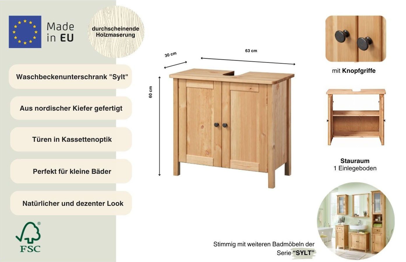 welltime Waschbeckenunterschrank Landhaus Sylt, Badschrank, Badmöbel, FSC®-zertifiziert Badmöbel im Landhaus-Stil, Breite 64 cm, aus Massivholz
