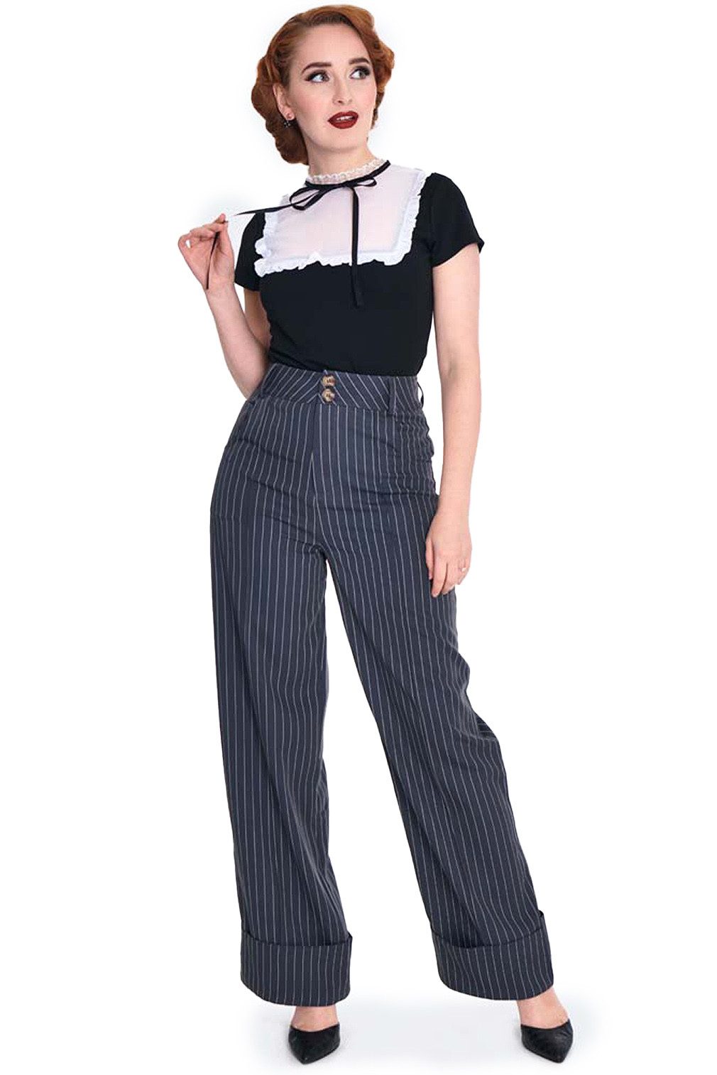Voodoo Vixen Stoffhose Grey Pinstripe Turn Up Vintage Trousers 40er Jahre Stil