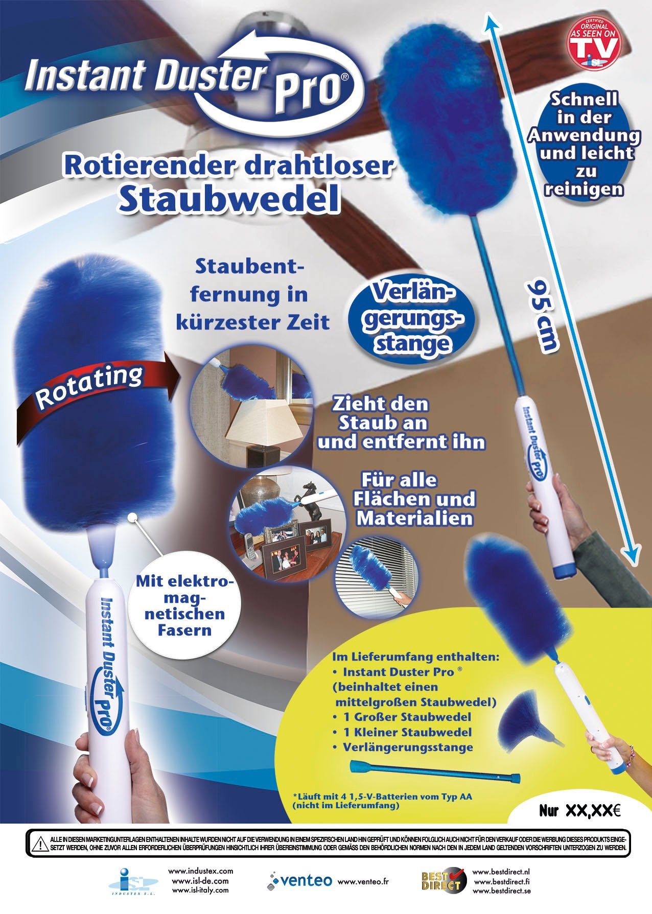 Best Direct® Elektro-Oberflächenbürste Instant Duster Pro®, Set, 4-tlg., inkl. großem und kleinem Staubwedel (austauschbar), Staubwedel mit Teleskopstiel, rotierend, elektrisch, batteriebetrieben