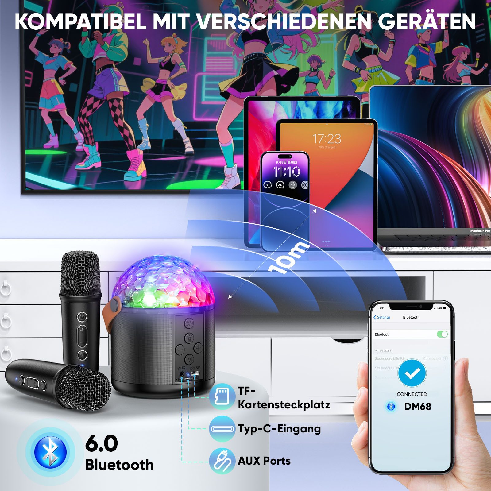Wootoy Kinder-Lautsprecher Karaoke-Set Lautsprecher 2 kabellosen Mikrofonen Karaoke-Maschine (Bluetooth 6.0, HiFi-Stereo-Klang Rauschreduzierung und 5 Stimmeffekte)