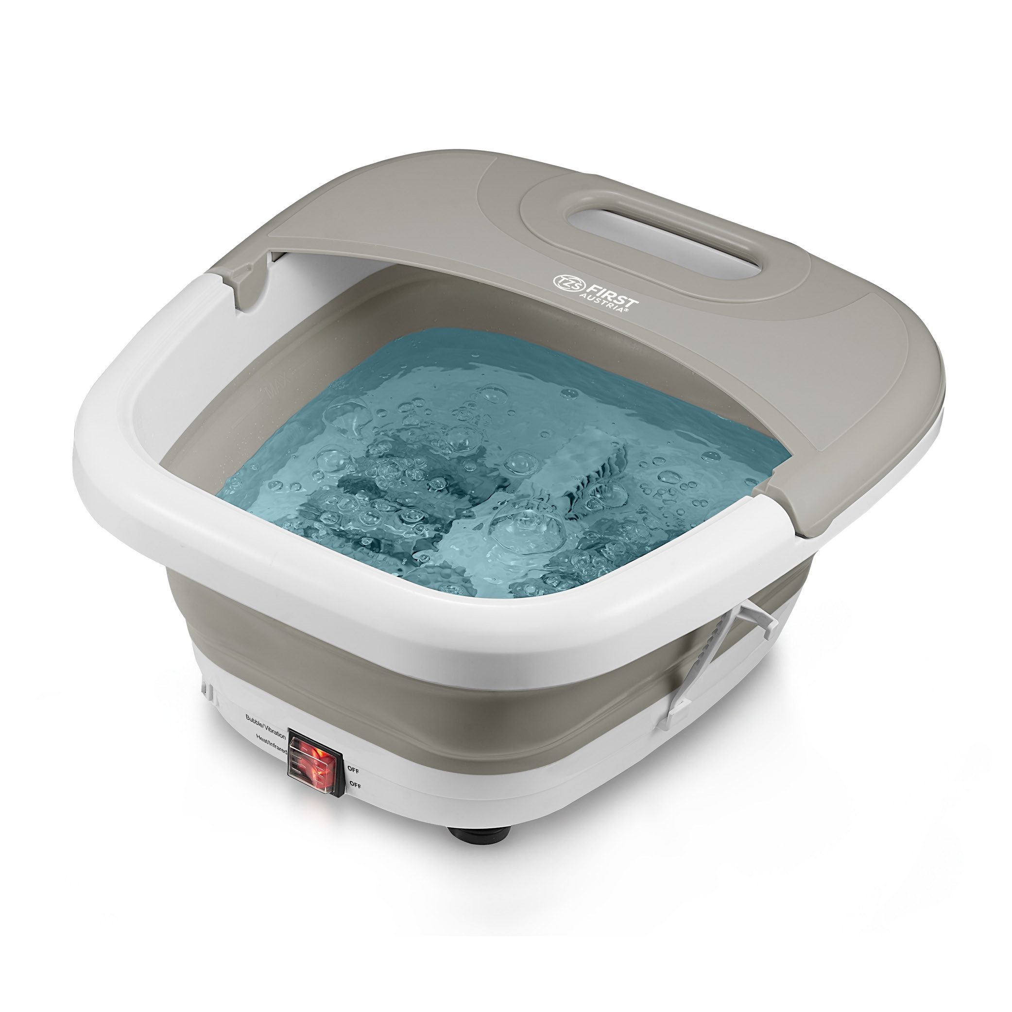 TZS FIRST AUSTRIA Fußmassagegerät mit Massagefunktion 500W, 3 Aufsätze & 8 Massagerollen, bis Größe 47, Vibrations- und Sprudelmassage, Rotlicht-LED & Heizfunktion, Klappbar