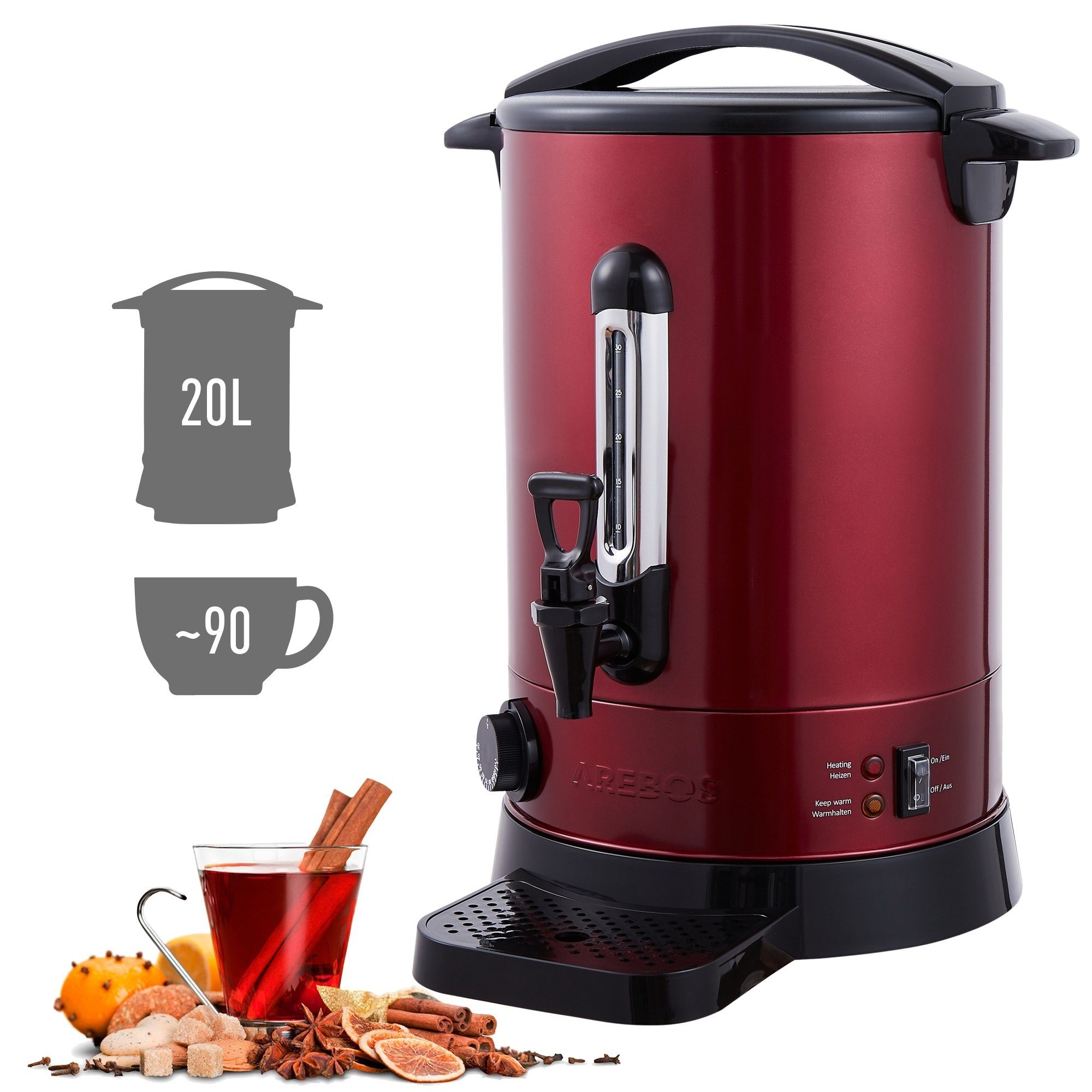 Arebos Einkoch- und Glühweinautomat 20 L, Überhitzungsschutz, Temperatureinstellung 30-110°C, 3 Farben, 1650,00 W
