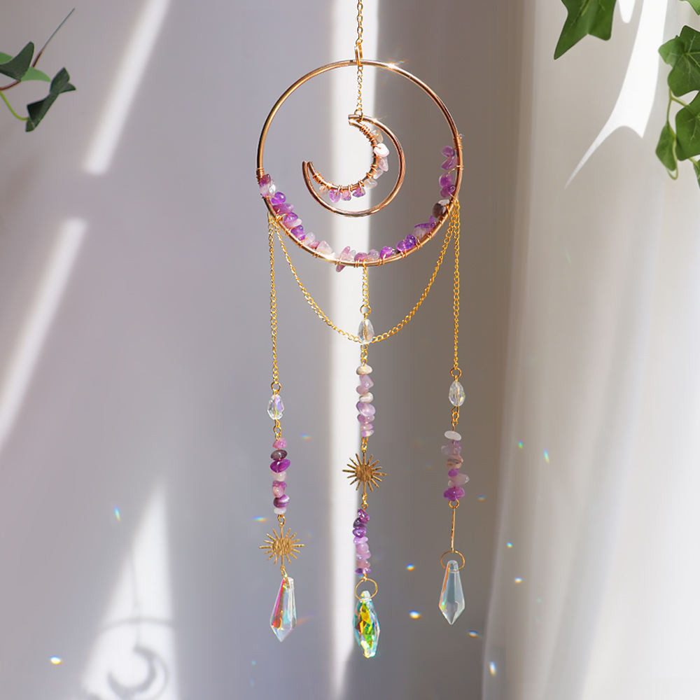 Karmandala Fensterdekoration Lichtspiel Edelstein Sonnenfänger mit Kristall Regenbogen Windspiel, echte Amethyst Natursteine für Ruhe, Klarheit und Intuition