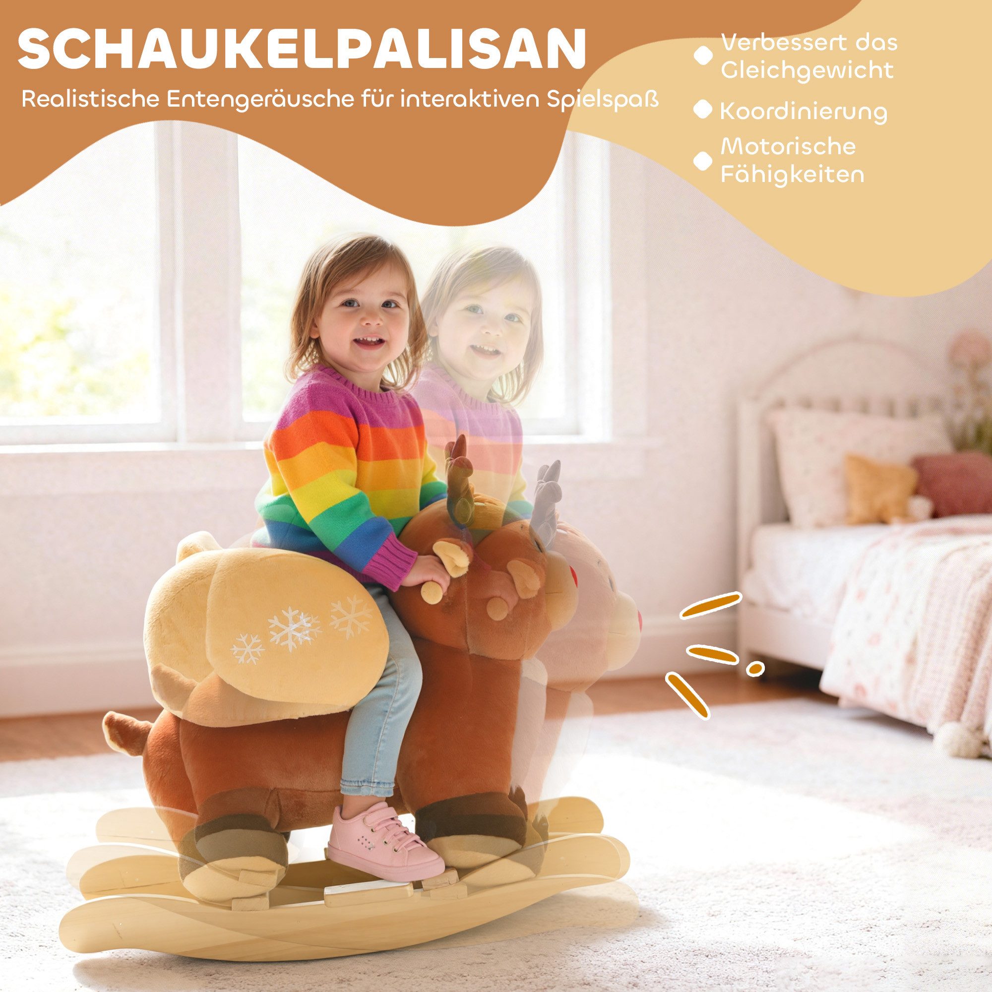 AIYAPLAY Schaukeltier Kinder Schaukelpferd Rentier mit Schlafliedern, Sicherheitsgurt, (1 tlg), für 18-36 Monate, Plüsch, Braun, 65 x 32 x 55 cm – Bild 5 von 5