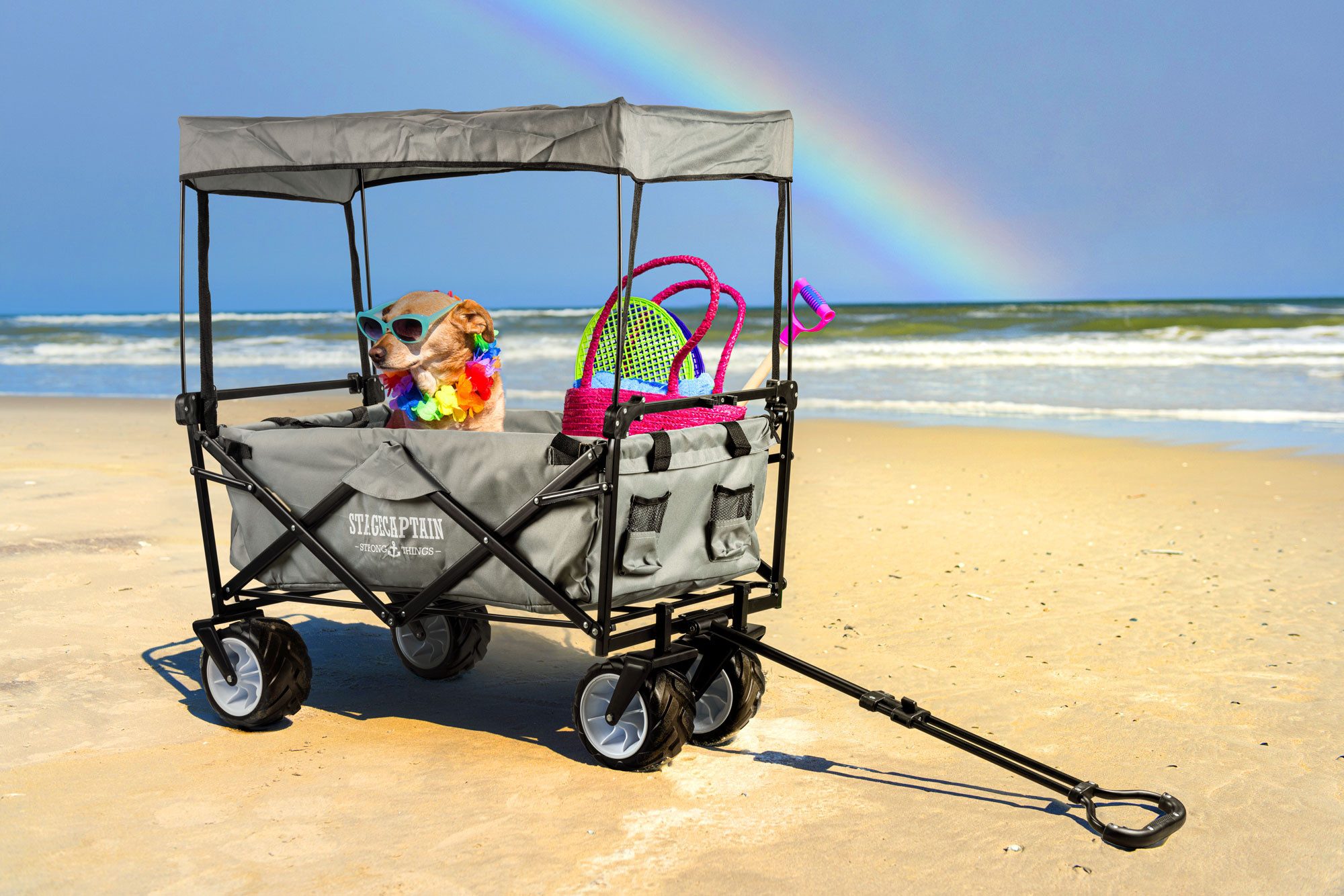 Thumbnail - Stagecaptain Bollerwagen Bollycart-907D GY Bollerwagen faltbar mit Dach 80kg, Handwagen zusammenklappbar mit breiten, gr...