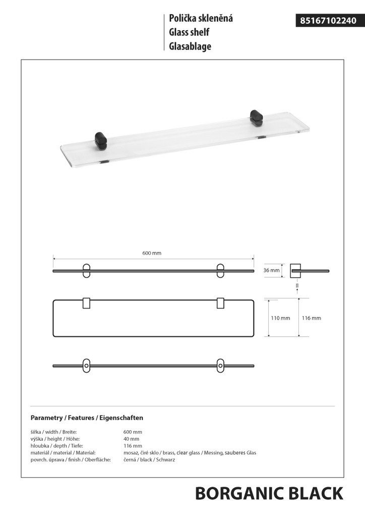 BRILLANTBAD® Duschablage BORGANIC BLACK Glasablage Messing Glas Schwarz für Bad & WC >> Bohren