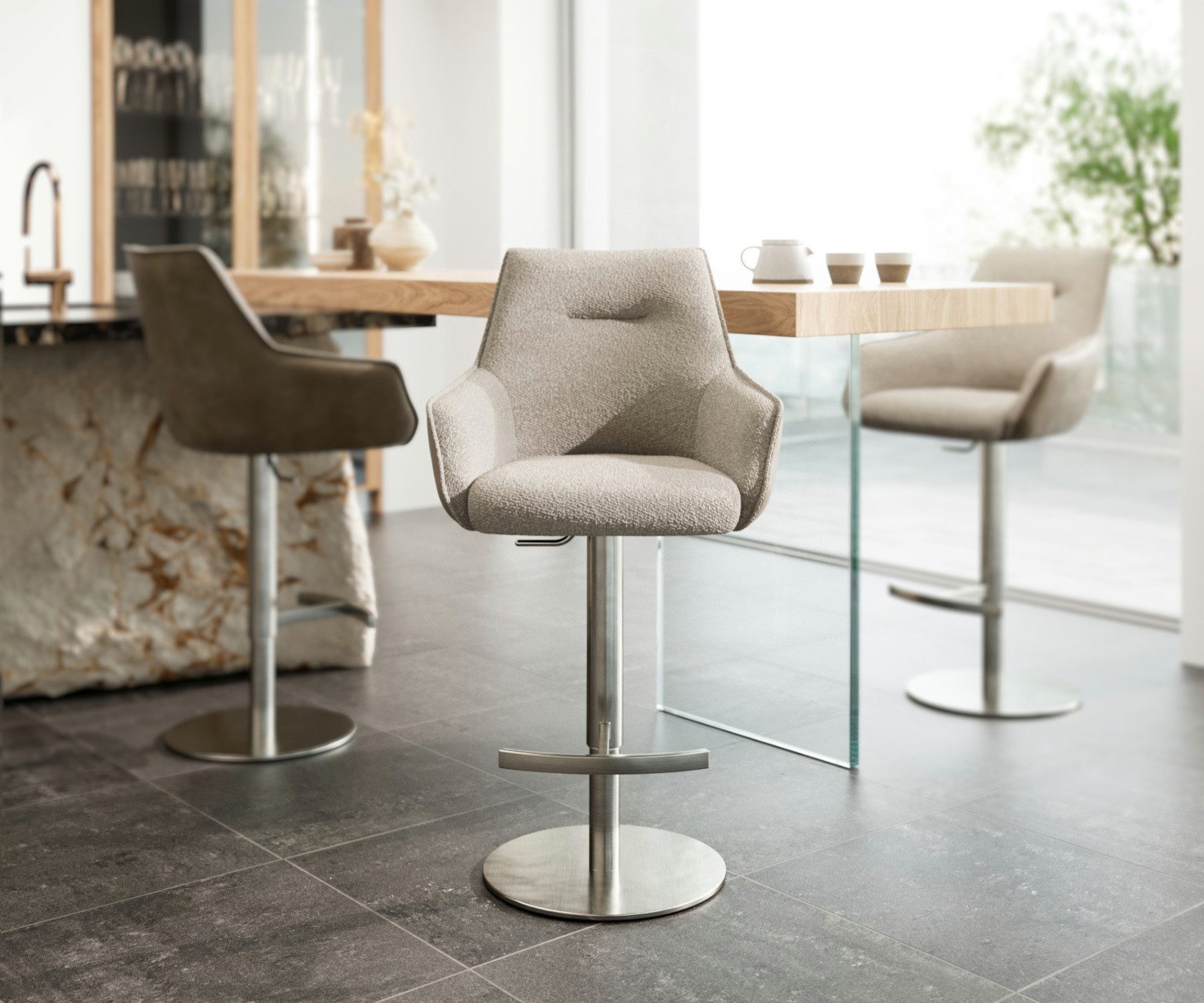 DELIFE Barhocker Alja-Flex, Drehfußhöhenverstellbar Edelstahl Materialmix Mikrofaser Schlamm / Bou